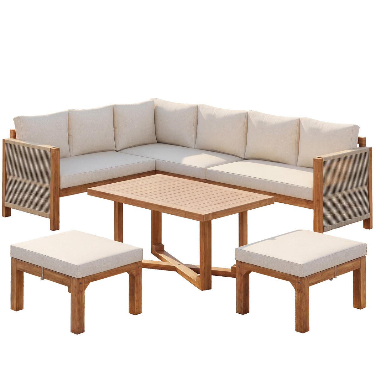 LOUNGESET 227/175/67 cm beige aus Akazienholz modular mit Kissen - Beige, Holzwerkstoff - OKWISH