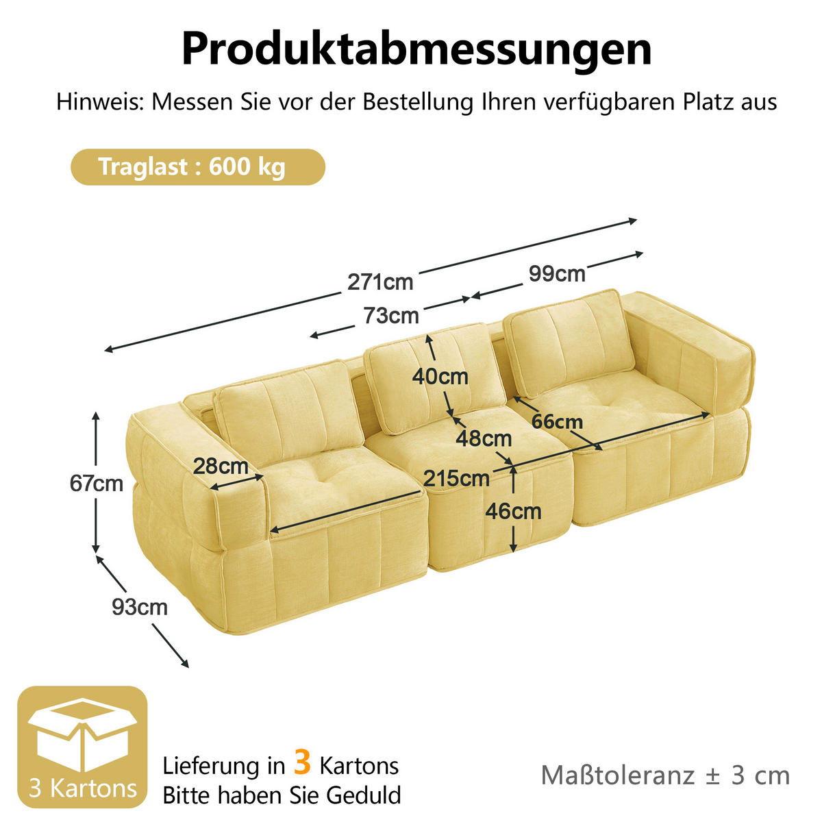 3-SITZER-SOFA DE-34428 mit stützenloses Design Gelb - Gelb, Textil (93/67/271cm) - ComfortXL
