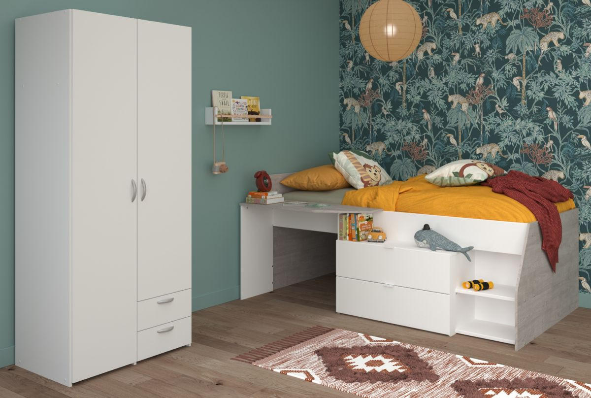 KINDERZIMMER weiß, grau, Komplett-Set 2-teilig mit Stauraumbett, Kleiderschrank - Silberfarben/Weiß, Holzwerkstoff/Kunststoff (135/185/203cm) - Parisot Meuble