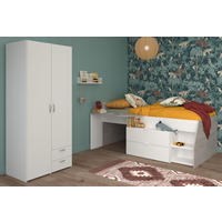 KINDERZIMMER weiß, grau, Komplett-Set 2-teilig mit Stauraumbett, Kleiderschrank - Silberfarben/Weiß, Holzwerkstoff/Kunststoff (135/185/203cm) - Parisot Meuble