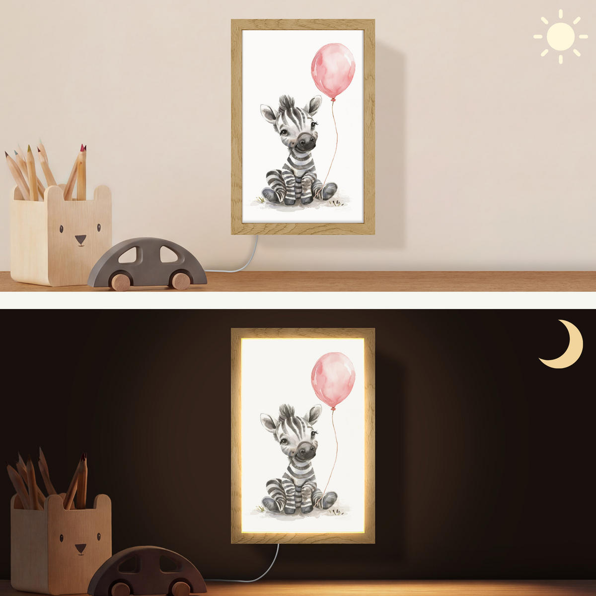 WANDLEUCHTE Zebra - Baby - Tiere - Rosa Luftballon 20x30 cm - Weiß, Holzwerkstoff (20/30/8cm) - OnlyWow
