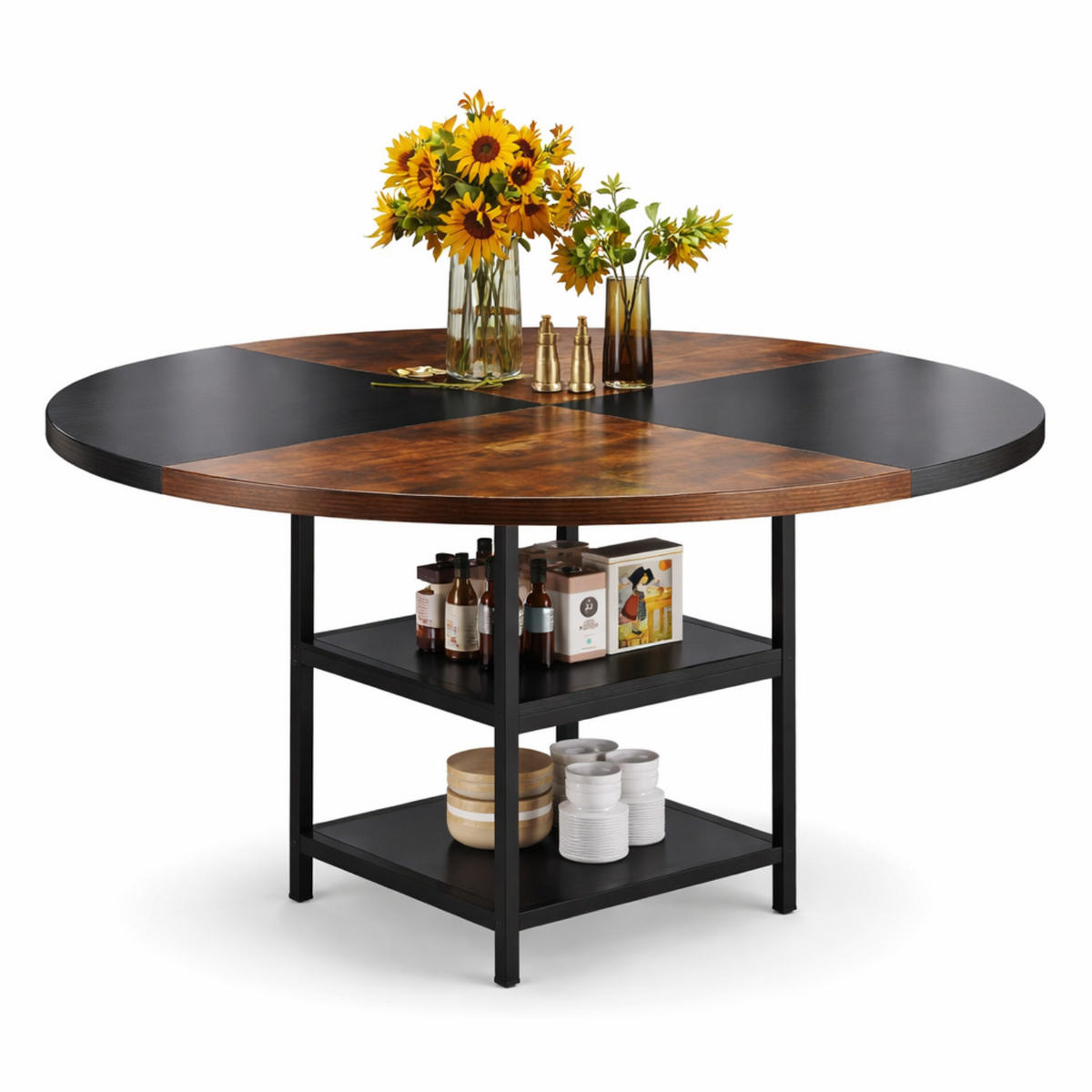 ESSTISCH Rund Holzoptik Braun/Schwarz mit Ablage Metallgestell ca. Ø120/75 cm - Schwarz/Braun, Holzwerkstoff/Metall (120/120/75cm) - Quality Elegance