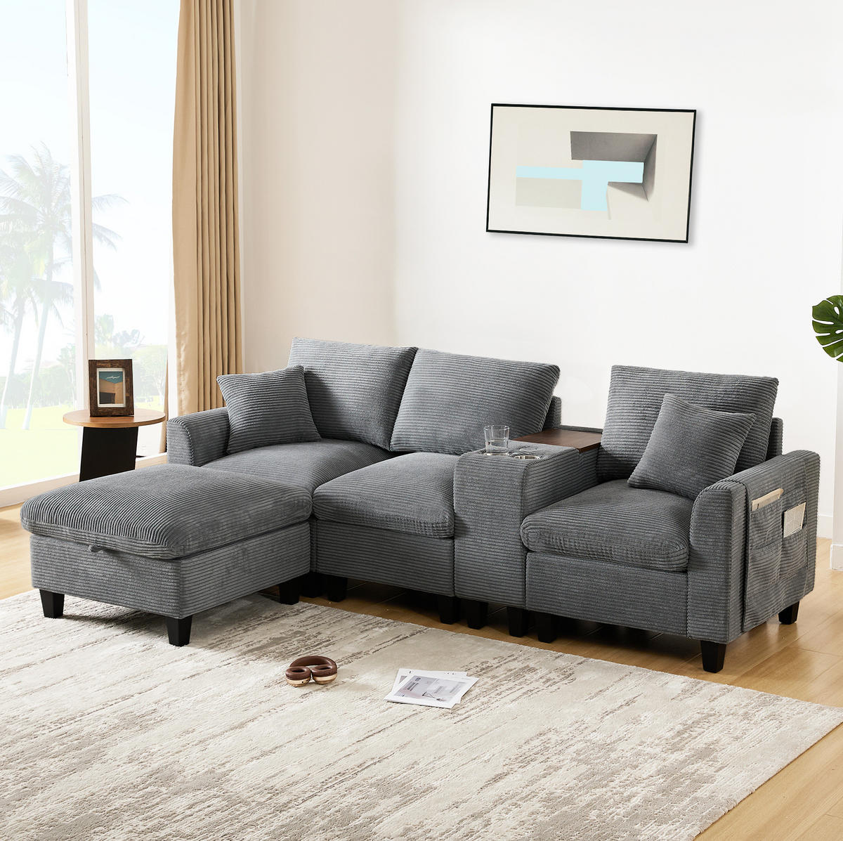 ECKSOFA Cord mit Konsole USB-Anschluss und Becherhalter 229/149,5/83 cm Grau - Grau, Kunststoff/Textil (83/149.5cm) - Redom