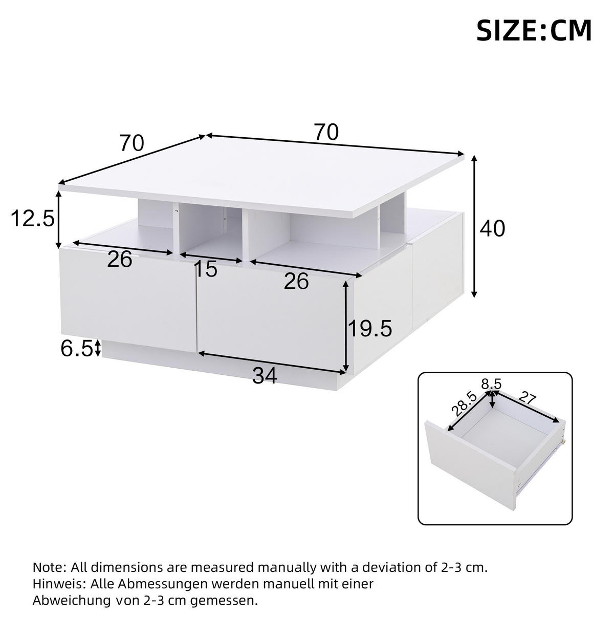 KONFERENČNÍ stolek 70/70/40 cm bílý z dřevotřísky s LED osvětlením a 4 zásuvkami - bílá, kompozitní dřevo (70/70/40cm) - OKWISH