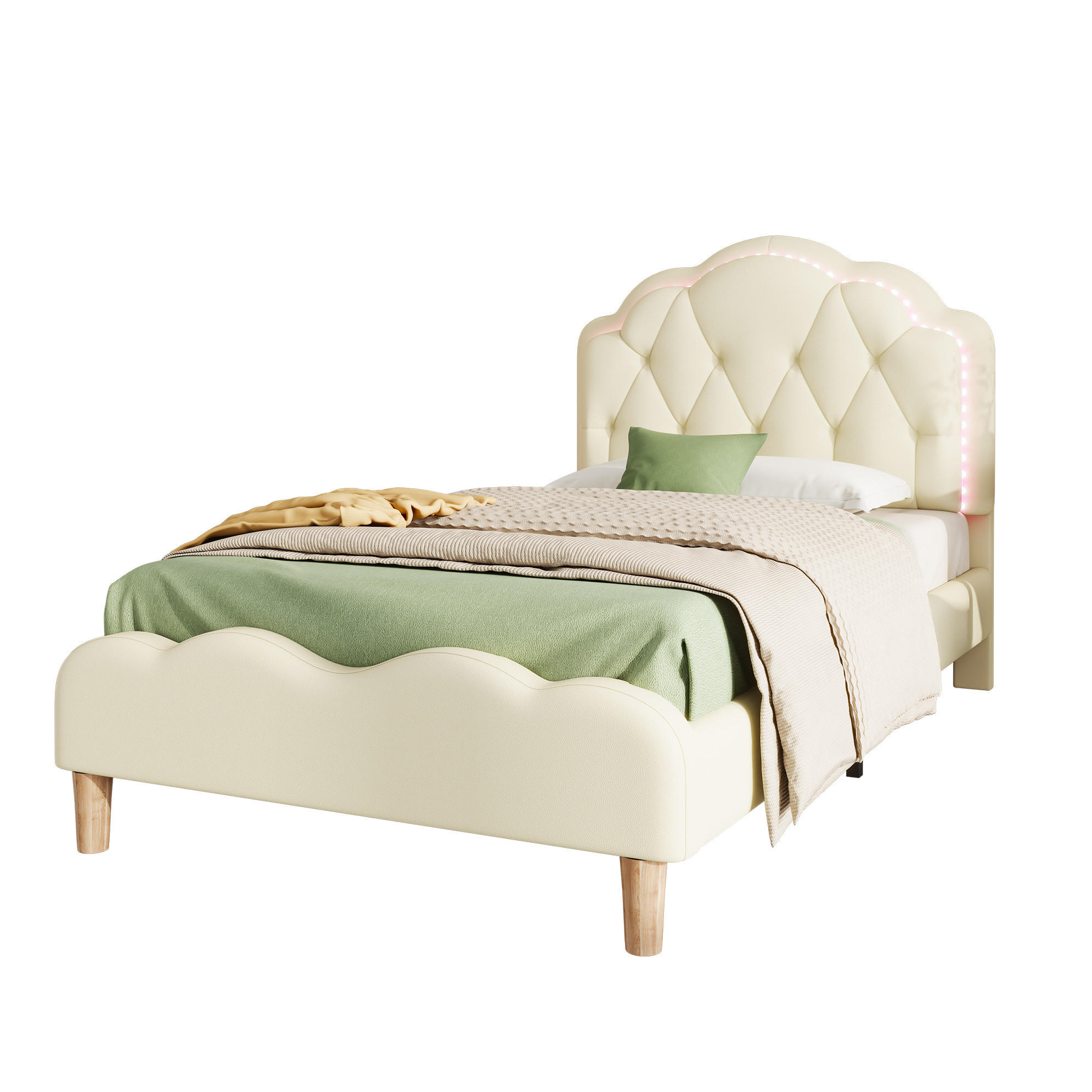 POLSTERBETT 90/200 cm Beige aus PU mit LED-Beleuchtung - Beige, Kunststoff (90/200cm) - OKMYHOME