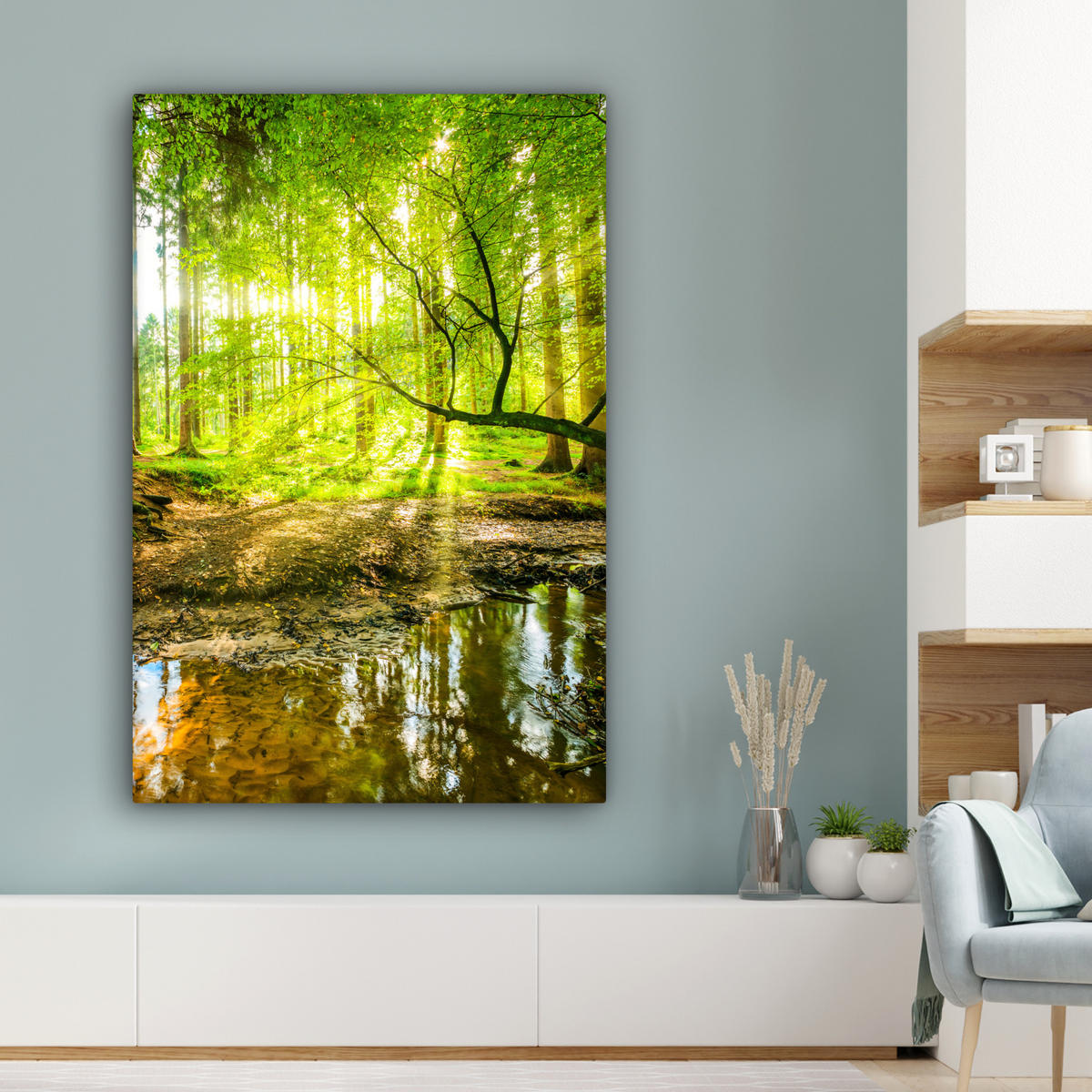 LEINWANDBILD Wald - Landschaft - Wasser - Bäume - Sonne - Grün - Natur Deko Groß 90x140 cm - Grün, Textil (90/140cm) - MuchoWow