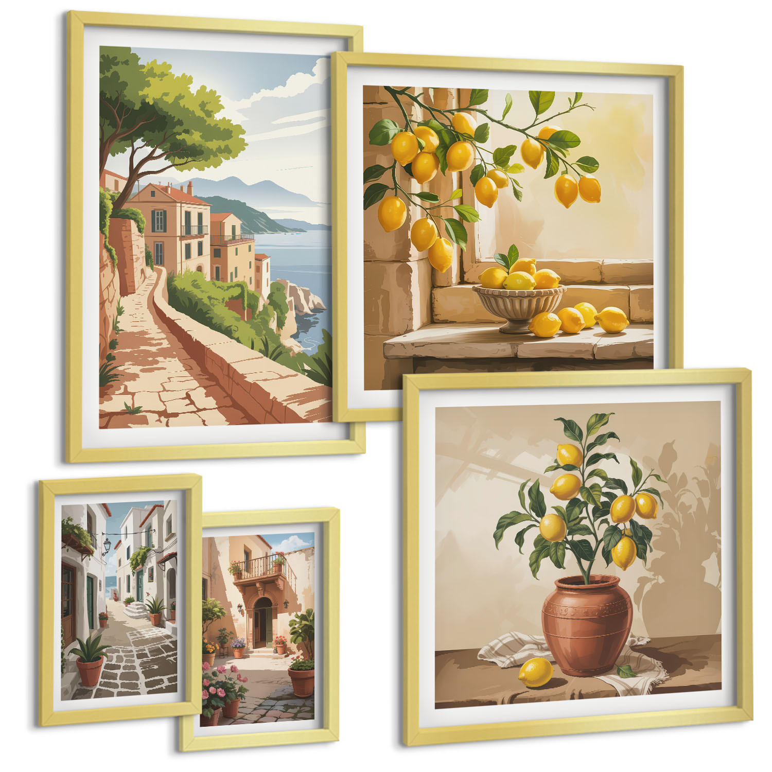 BILDER SET 5er Set - 50x50 cm & 20x30 cm & 40x60 cm Goldrahmen - Hütten am Bergsee Łódź - Goldfarben, Kunststoff (40/60cm) - TULUP