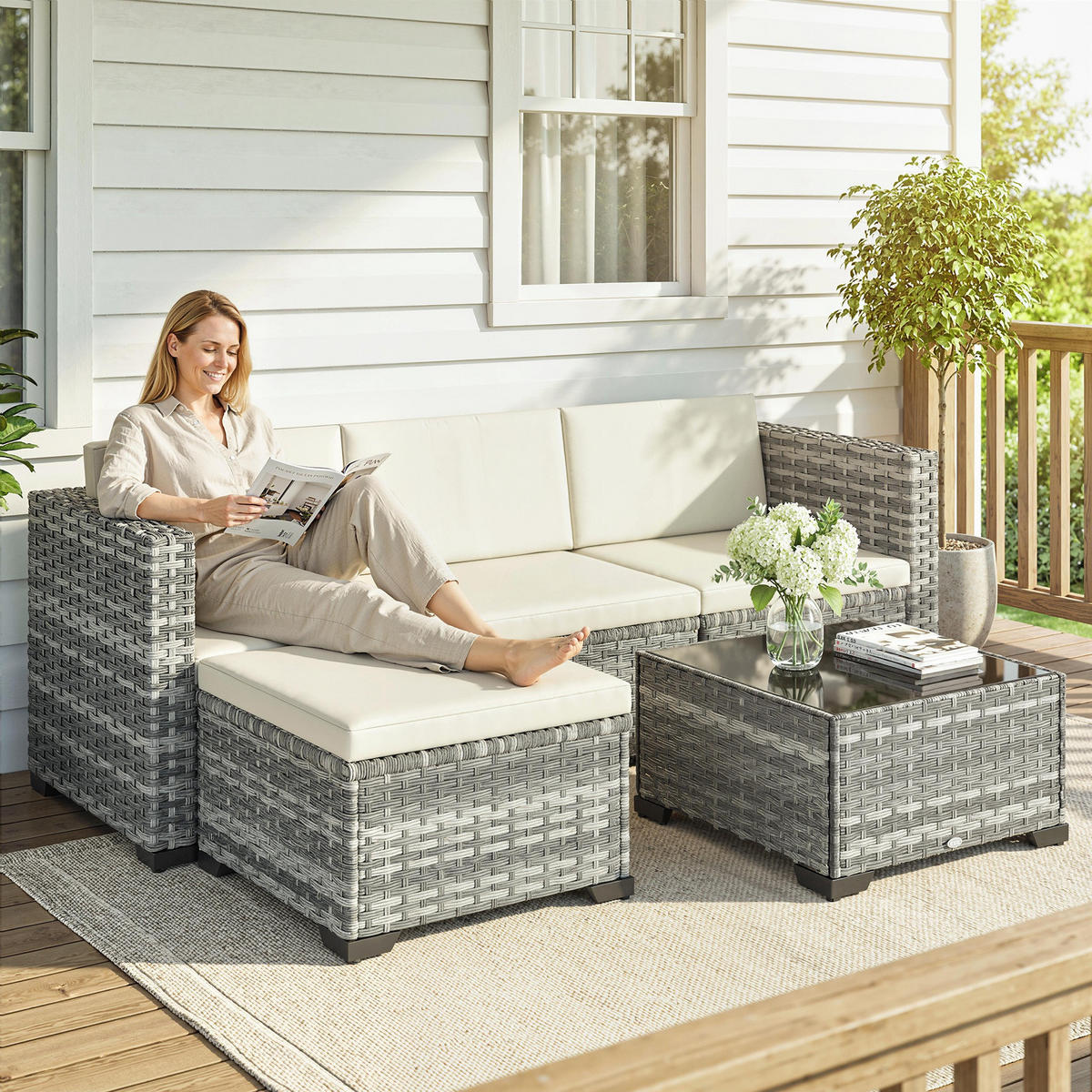 LOUNGEGARNITUR 5 TLG. aus PE-Rattan mit Kissen, Grau - Creme/Schwarz, Glas/Kunststoff - Outsunny