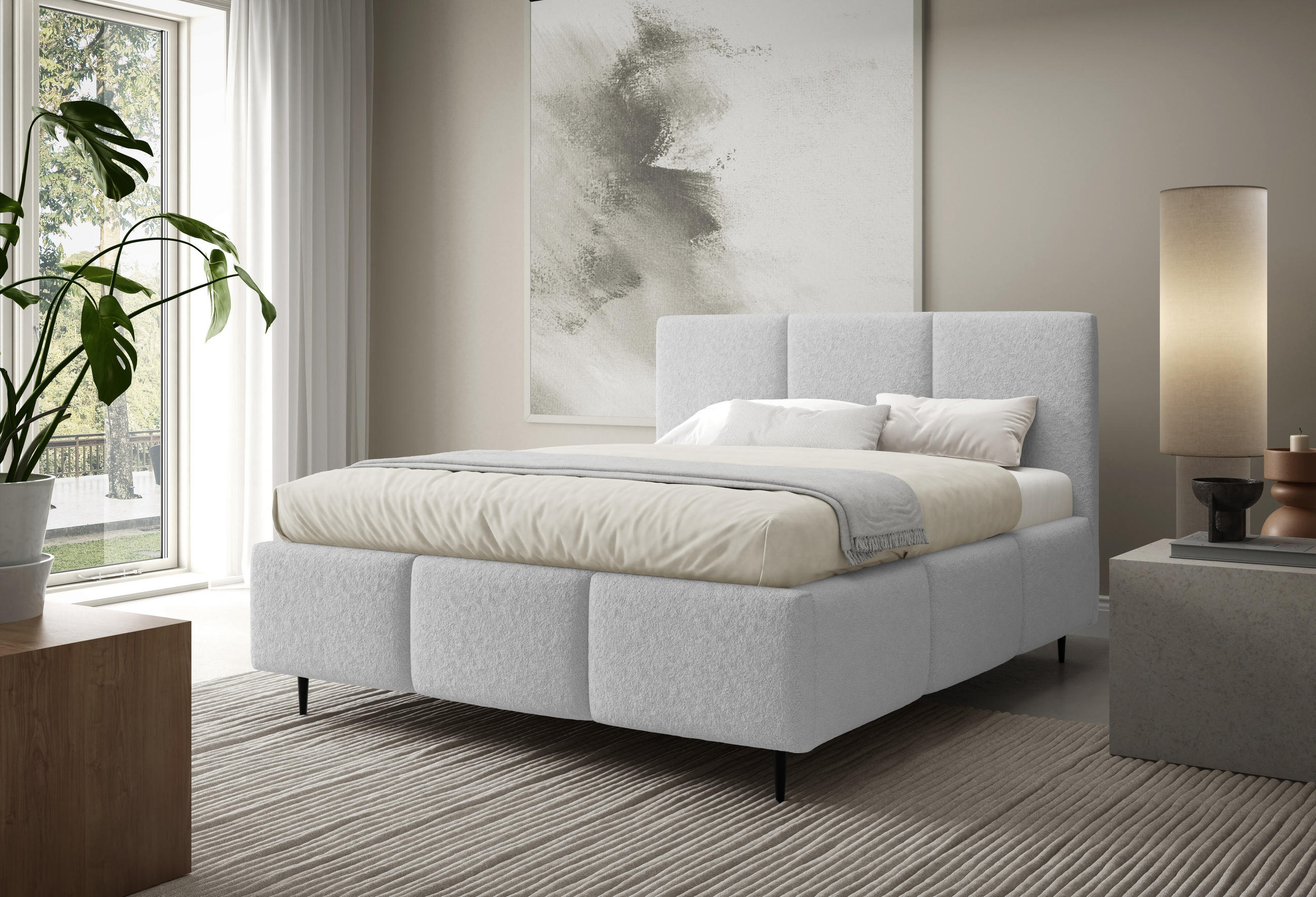 POLSTERBETT VALERIO mit Beinen mit Bettkasten, Bett 180x200,Doppelbett,Lattenrost,Boxspringbett-Optik,ohne Matratze,Schlafzimmer-Grau - Grau, Holz (180/200cm) - Furnistar