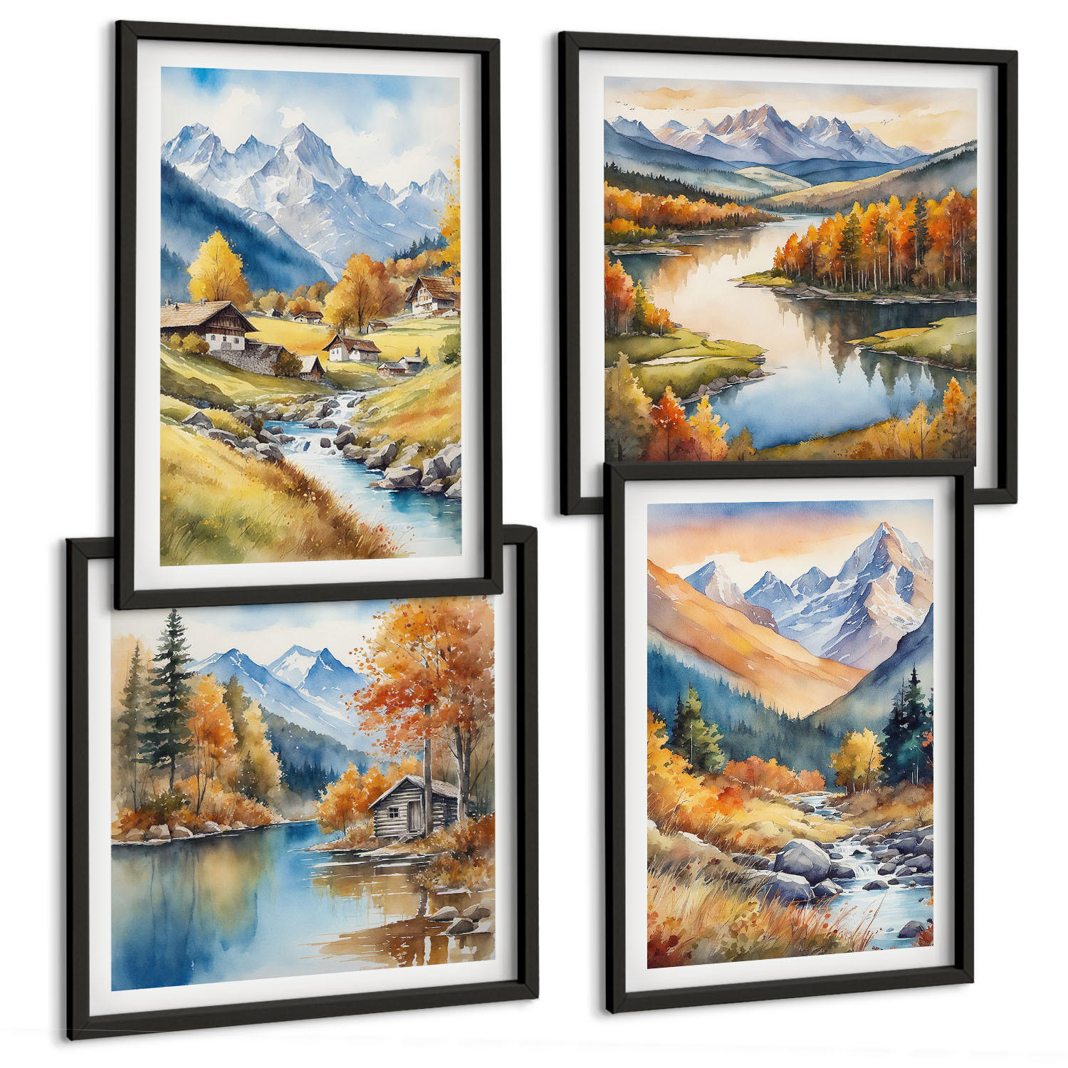 BILDER SET 4er Set - 50x50 cm & 40x60 cm Schwarzer Rahmen - Herbstliche Naturlandschaften - Schwarz, Kunststoff (50/50cm) - TULUP