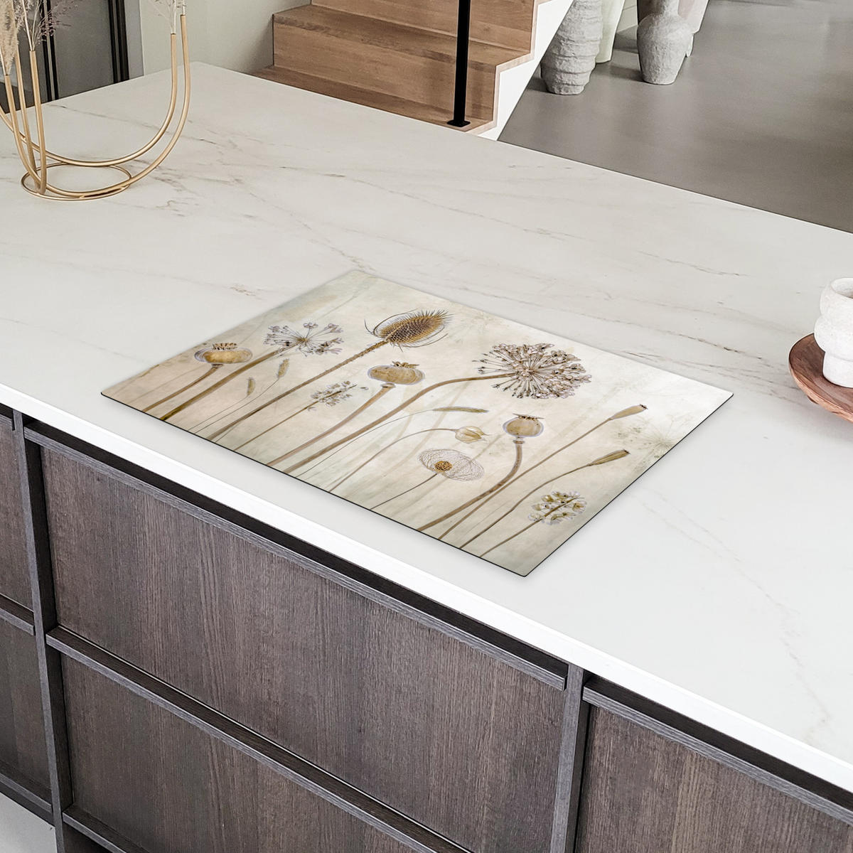 HERDABDECKPLATTE Blumen - Aquarell - Stilleben - Braun - Vintage 75x52 cm - Sandfarben, Kunststoff (75/52/0.2cm) - MuchoWow