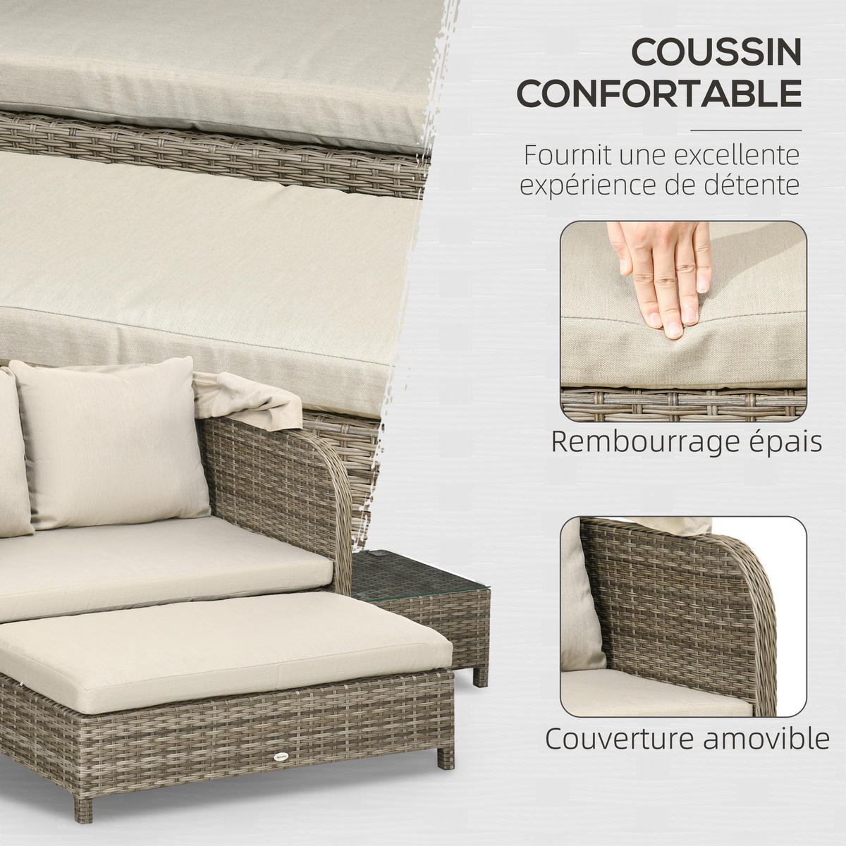 GARTENLOUNGE-SET 4tlg. DE-13640 2-Sitzer-Sofa mit Hocker & 2 Tischen Beige & Braun - Mokka, Kunststoff/Metall - ComfortXL