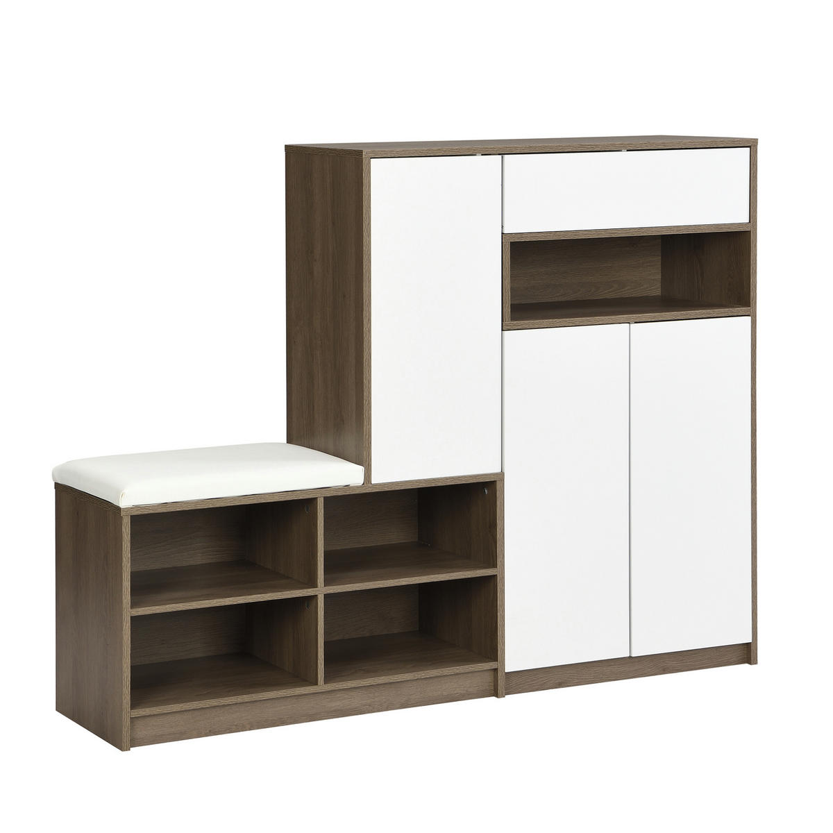 SCHUHSCHRANK 140/35/110 cm mit gepolsterter Sitzbank, verstellbaren Einlegeböden und grifflosen Türen, Weiß - Weiß, Holzwerkstoff (140/110/35cm) - Redom