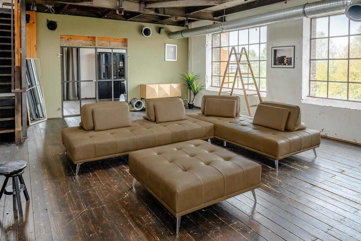 MODULSOFA MIT HOCKER WIOLO 3ER SET Beige Leder - Beige/Silberfarben, Leder/Metall (350/83/350cm) - KAWOLA