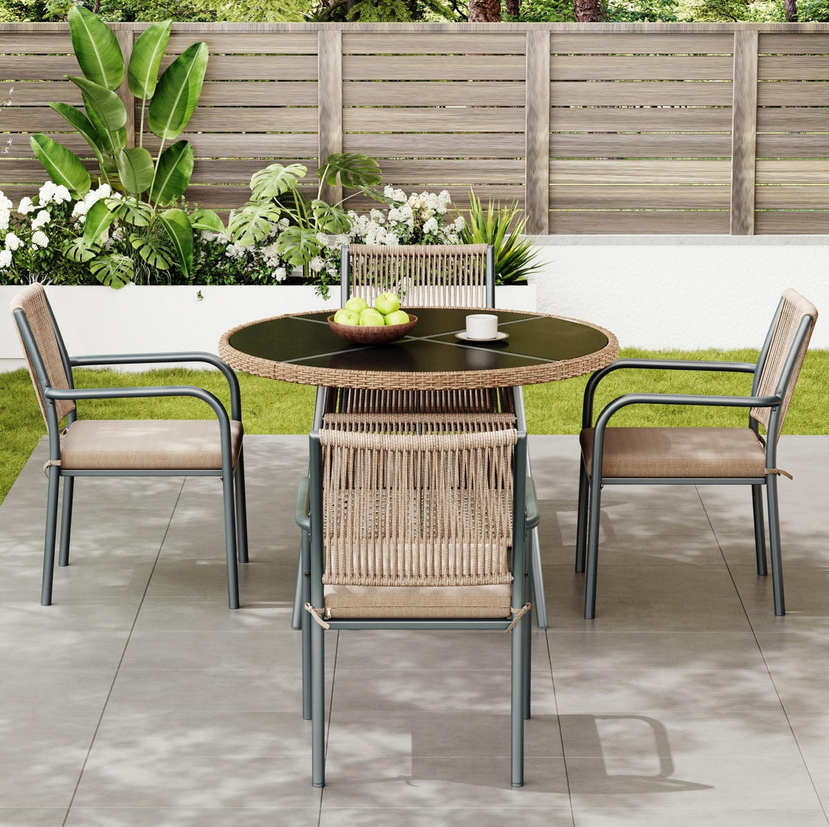 GARTENMÖBELSET 5-tlg. mit Rundtisch 110 cm und 4 Sesseln Grau - Grau, Metall - Beauniv