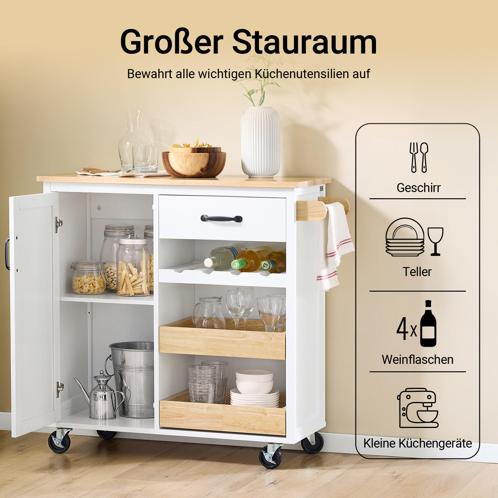 KÜCHENWAGEN mit Gummibaum-Arbeitsplatte - Weiß, Holz/Holzwerkstoff (92/87/42cm) - SoBuy