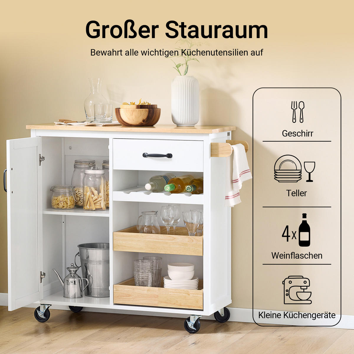 KÜCHENWAGEN mit Gummibaum-Arbeitsplatte - Weiß, Holz/Holzwerkstoff (92/87/42cm) - SoBuy