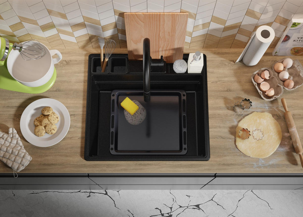 GRANITSPÜLE New York, 2-er set Alles Schwarz 58/53 cm 1 Becken + Küchenarmatur 40/38 cm + Ablauf-Set + Küchenzubehörset ab 60er Unterschrank - Schwarz, Kunststoff (58/20/53cm) - Primagran