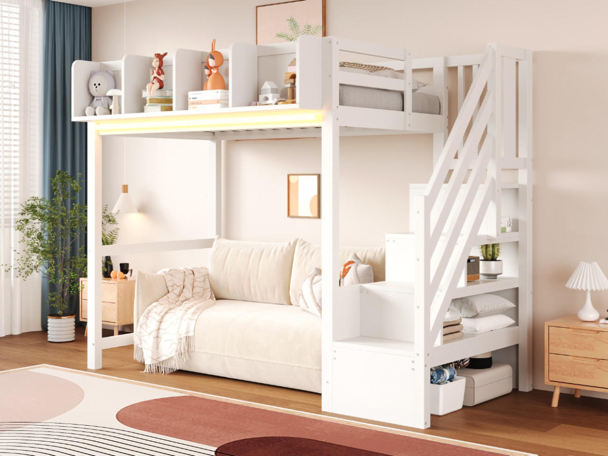HOCHBETT 90/200 cm in Weiß mit LED, Ablage und Leiter aus Holz - Weiß, Holz/Holzwerkstoff (90/200cm) - CHICFURN