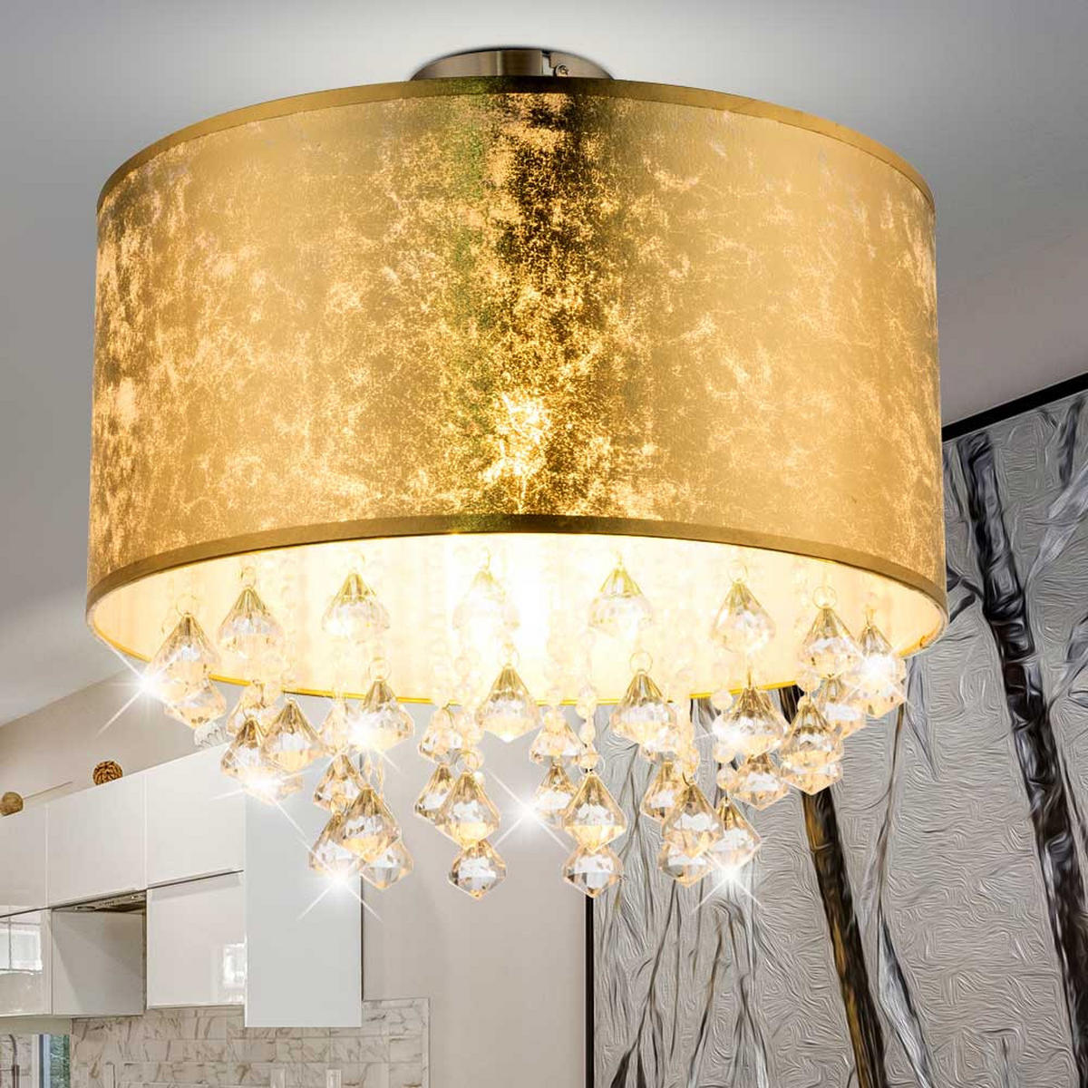 DECKENLEUCHTE Metall Textil Blattgold Kristalle - Goldfarben, Metall (30/30/31cm) - Globo Lighting