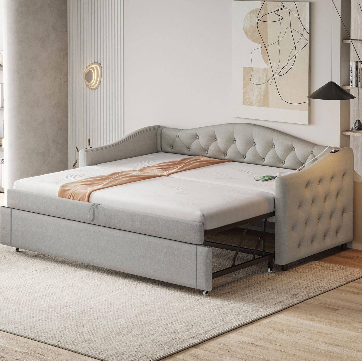 POLSTERBETT 90/200 cm mit USB-Anschluss und Lattenrost in Grau - Grau, Textil (90/200cm) - BEAOK