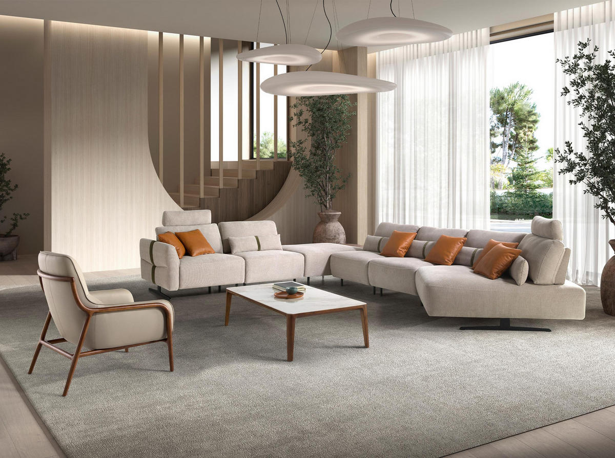 ECKSOFA Modulares Relax-Sofa mit Chaiselongue rechts, Stoff in Sandfarbe 500/305/87 cm - Sandfarben/Schwarz, Textil (500/305cm) - ANGEL CERDA