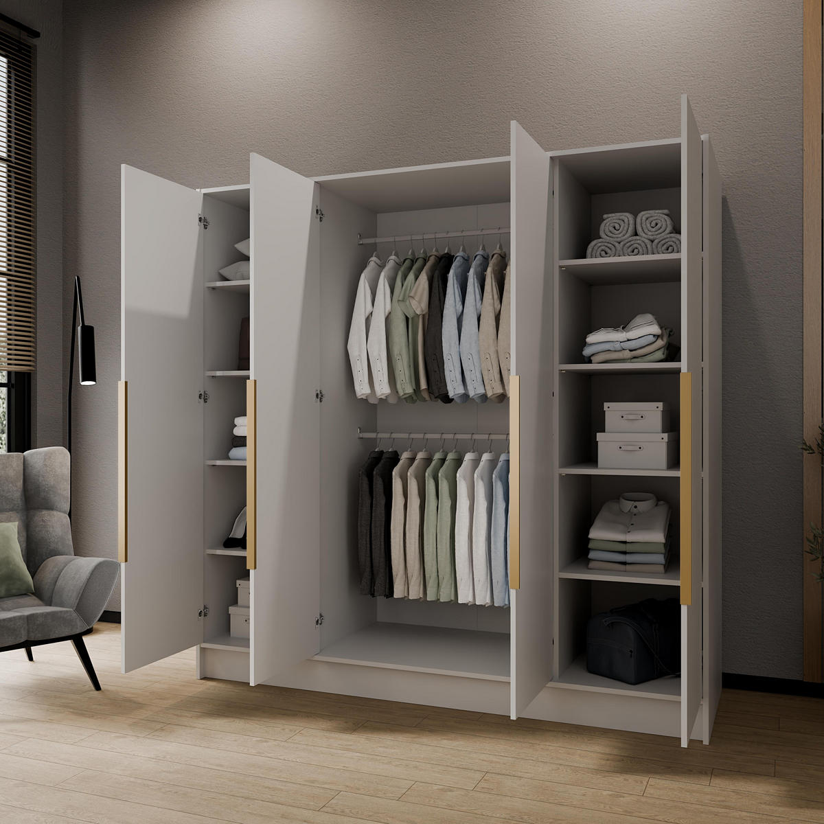 DREHTÜRENSCHRANK RENVO 200/200/51 cm Modern Kleiderschrank 4-türig mit Spiegel Weiß - Weiß, Holzwerkstoff (200/200/51cm) - MASSENO