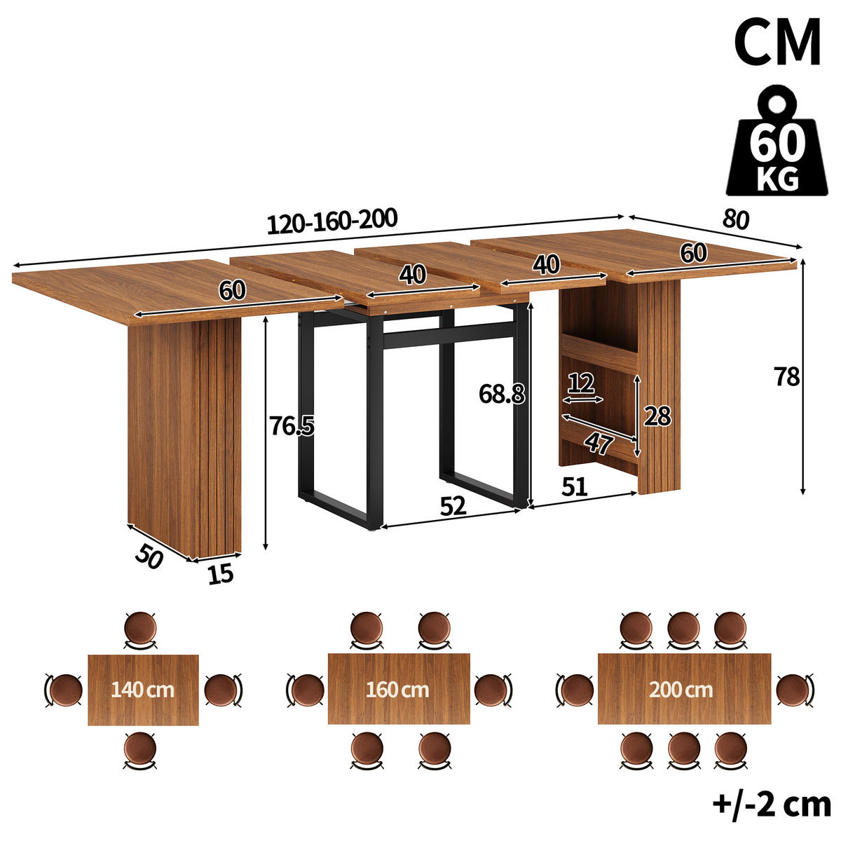ESSTISCH ausziehbar 120-200/80/78 cm mit Staufach DE-39648 Dunkelbraun - Dunkelbraun, Holzwerkstoff (80/200/78cm) - ComfortXL
