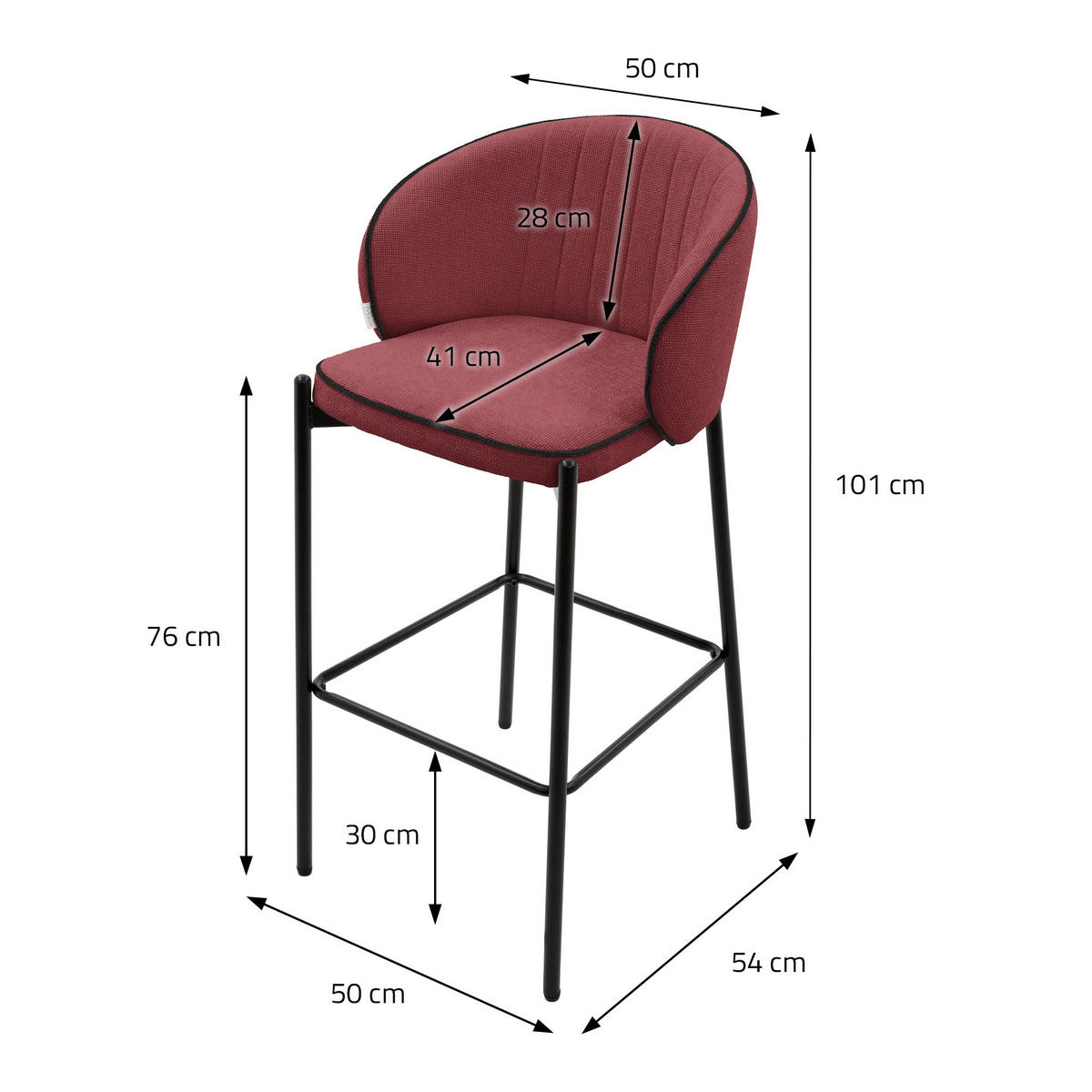 BARHOCKER 2er Set Rot mit Stoffbezug - Rot/Schwarz, Textil/Metall (50/101/54cm) - ML-DESIGN