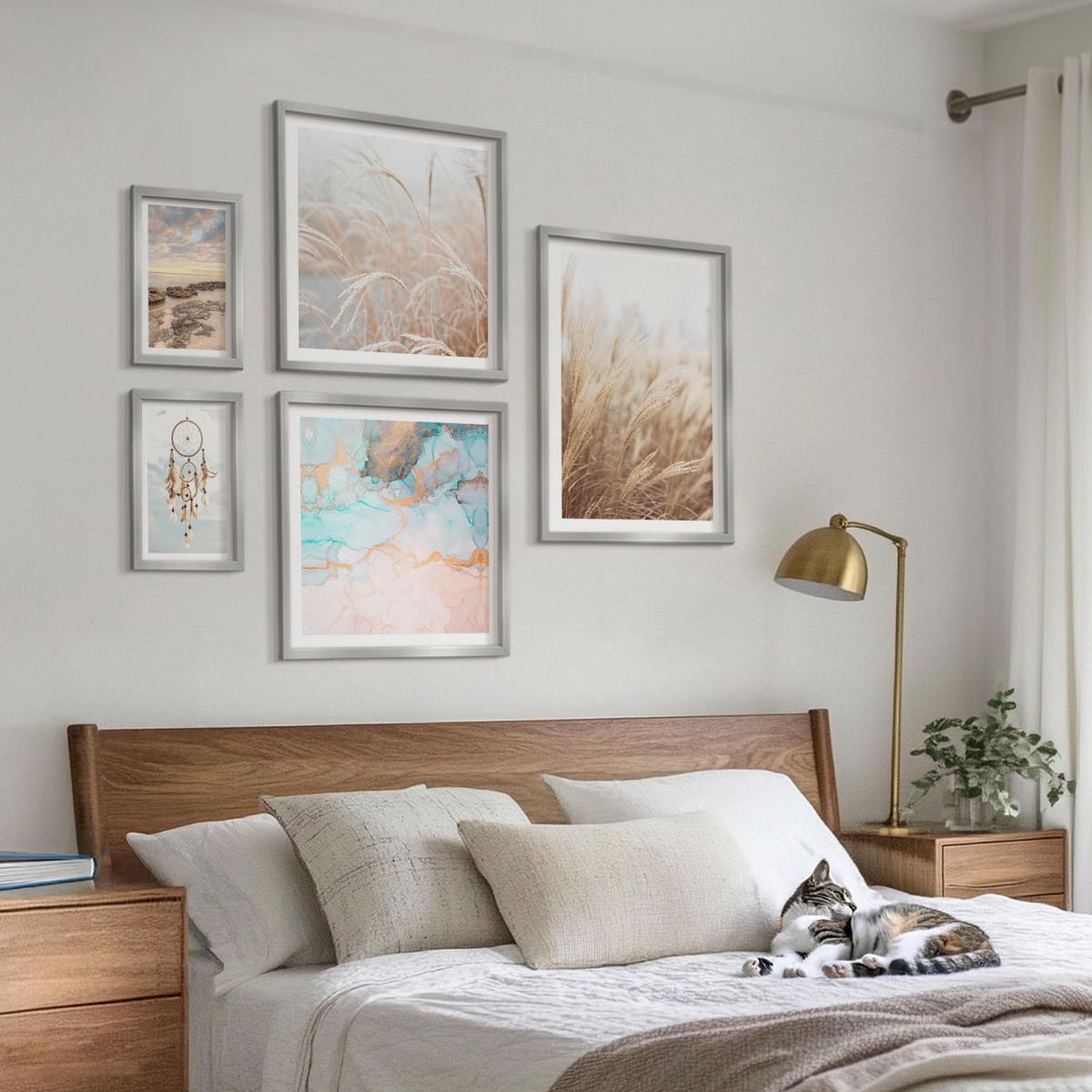 WANDBILDER 5er Set - 50x50 cm & 20x30 cm & 40x60 cm Silberner Rahmen - Strand, Boot, Muscheln, Gras, Boho-Stil - Silberfarben, Kunststoff (40/60cm) - ArtPrintCave