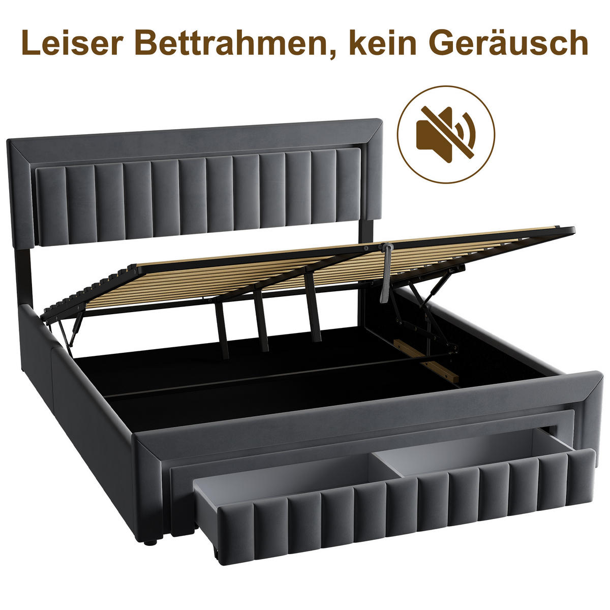 POLSTERBETT 180/200 mit Bettkasten und Schubladen , mit LED, ohne Matratze - Grau, Holzwerkstoff/Textil (180/200cm) - STILVORA
