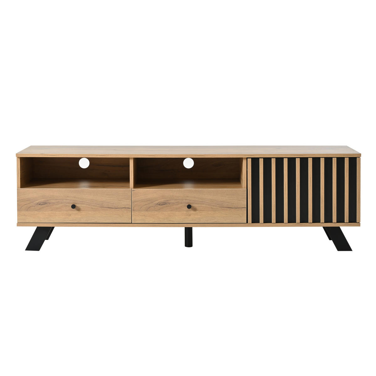 TV-SCHRANK aus Spanplatte 150x38x44 cm Naturholzfarbe/Schwarz mit 2 Schubladen, 1 Schrank und halboffenen Fächern - Naturfarben, Holzwerkstoff (150/44/38cm) - Modfu