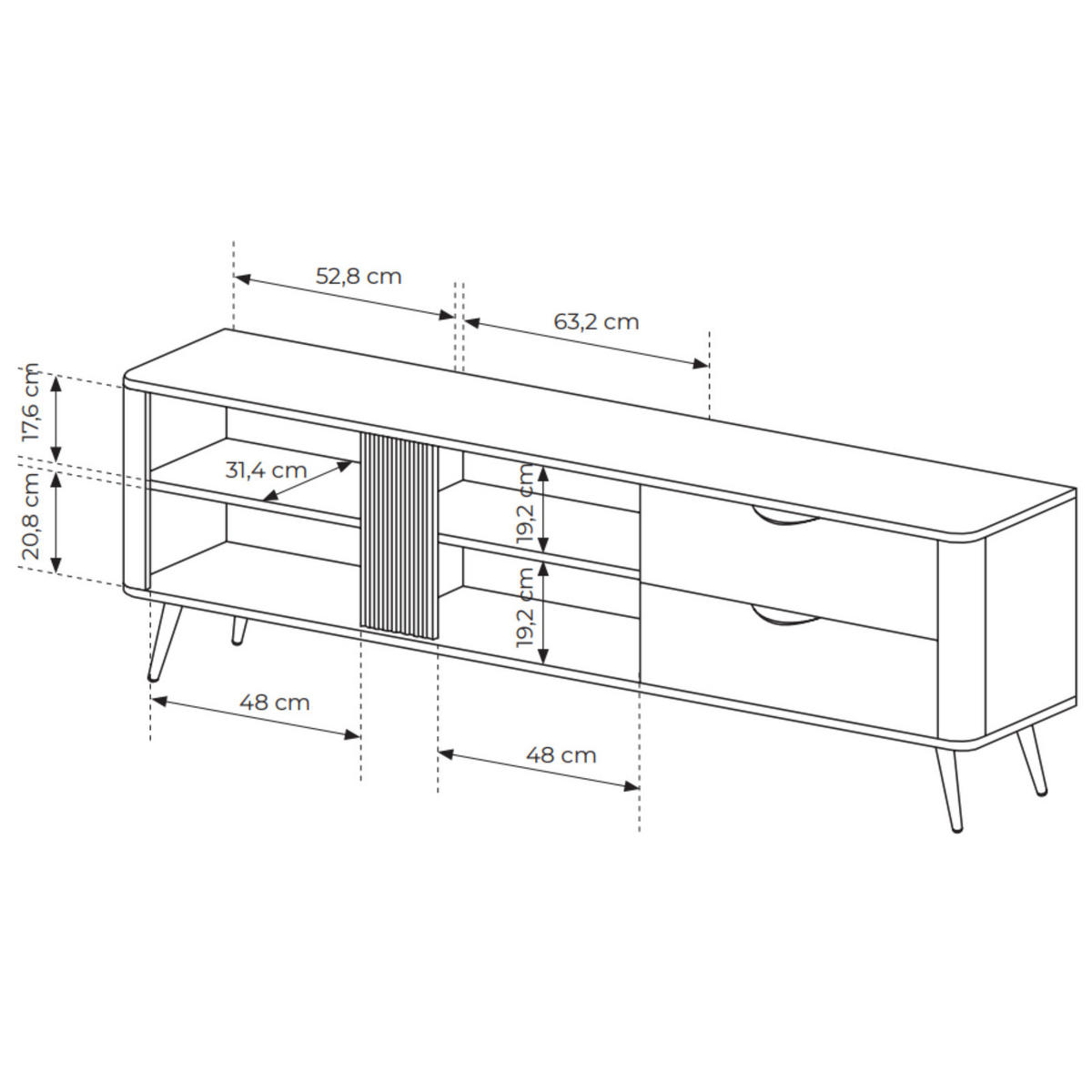TV-LOWBOARD Terzo 2D 2S Eiche Dunin mit Rillendekor - Schwarz Metallfüße - Eichefarben/Schwarz, Holz/Holzwerkstoff (195/61/38cm) - Ravio