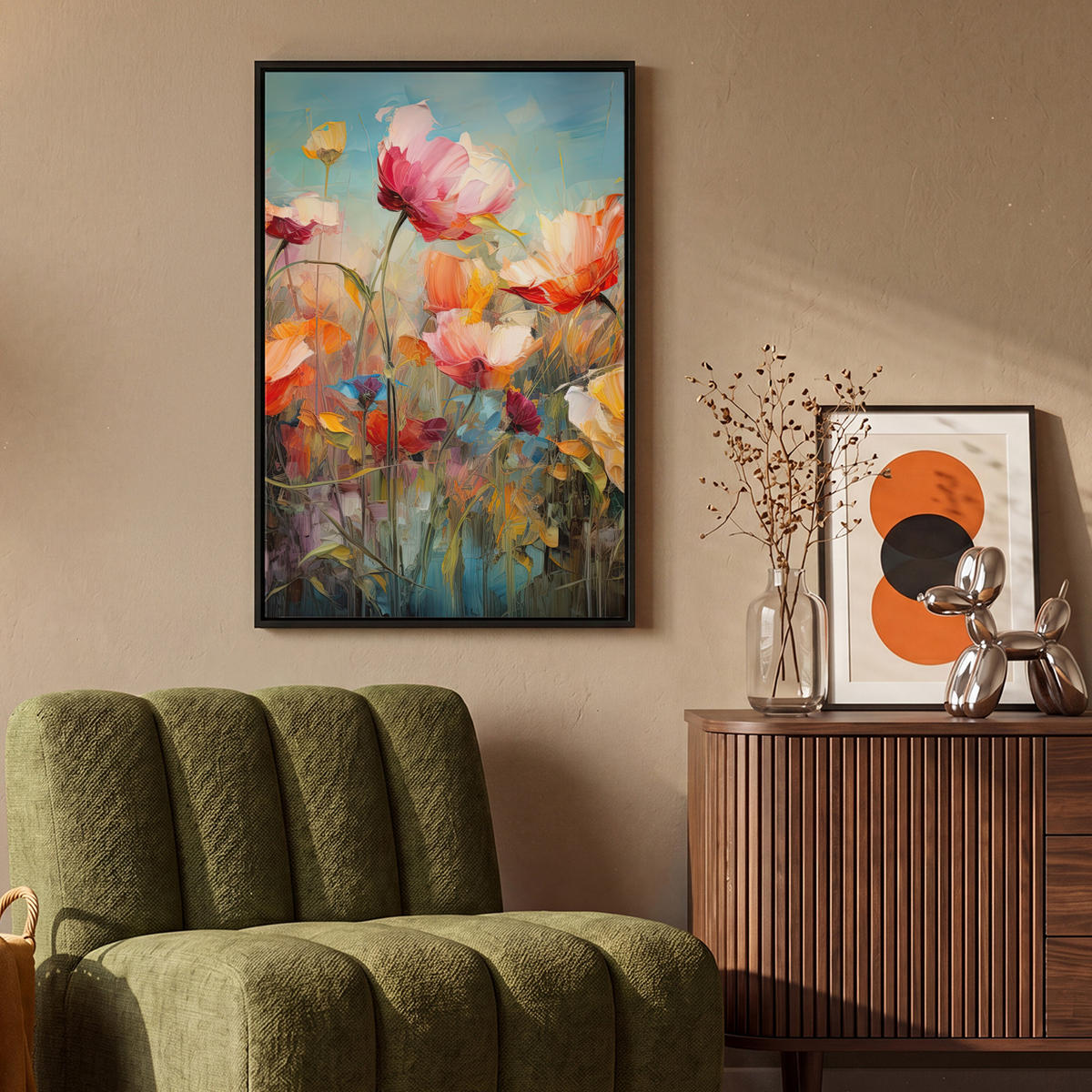 LEINWAND Bilder mit Rahmen - Blumen - Aquarell - Kunst - Botanisch - Natur - 60x90 - Orange, Textil (60/90cm) - MuchoWow