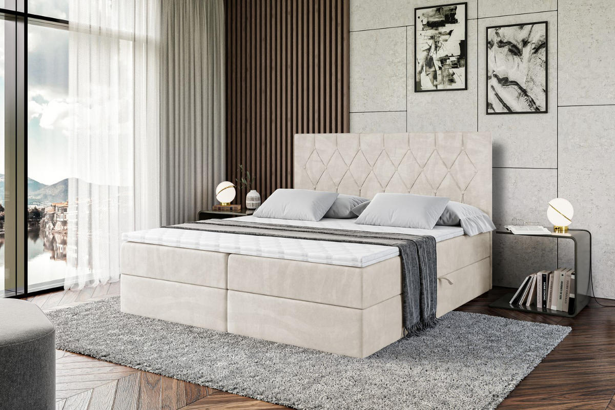 BOXBETT mit H4-Matratze und Lattenrost - VELANTO-BZ - 180x200 Dunkelgrau - Ecru, Holzwerkstoff (180/200cm) - ALTDECOR