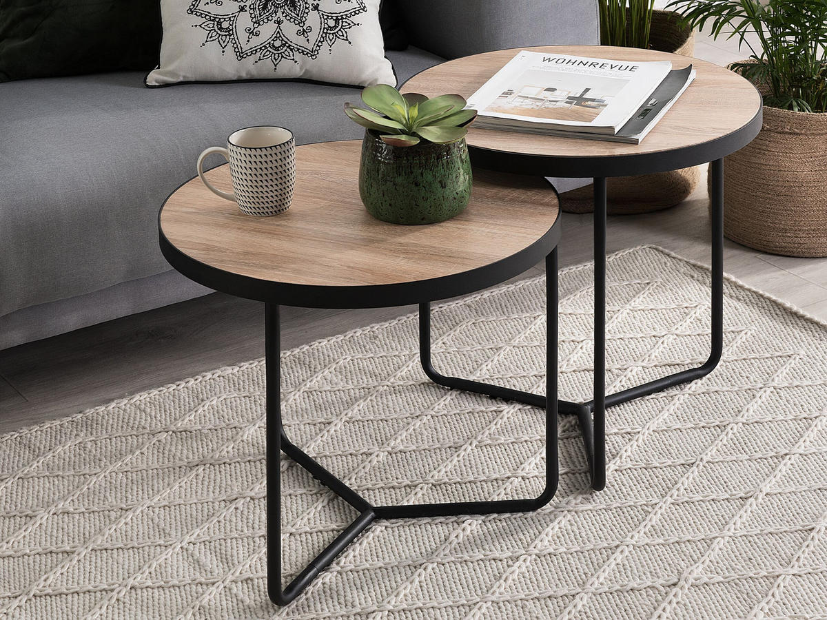 COUCHTISCH 2er-Set Rund Hell Holz, Schwarz Melody - Hellbraun, Holzwerkstoff (80/80cm) - Beliani