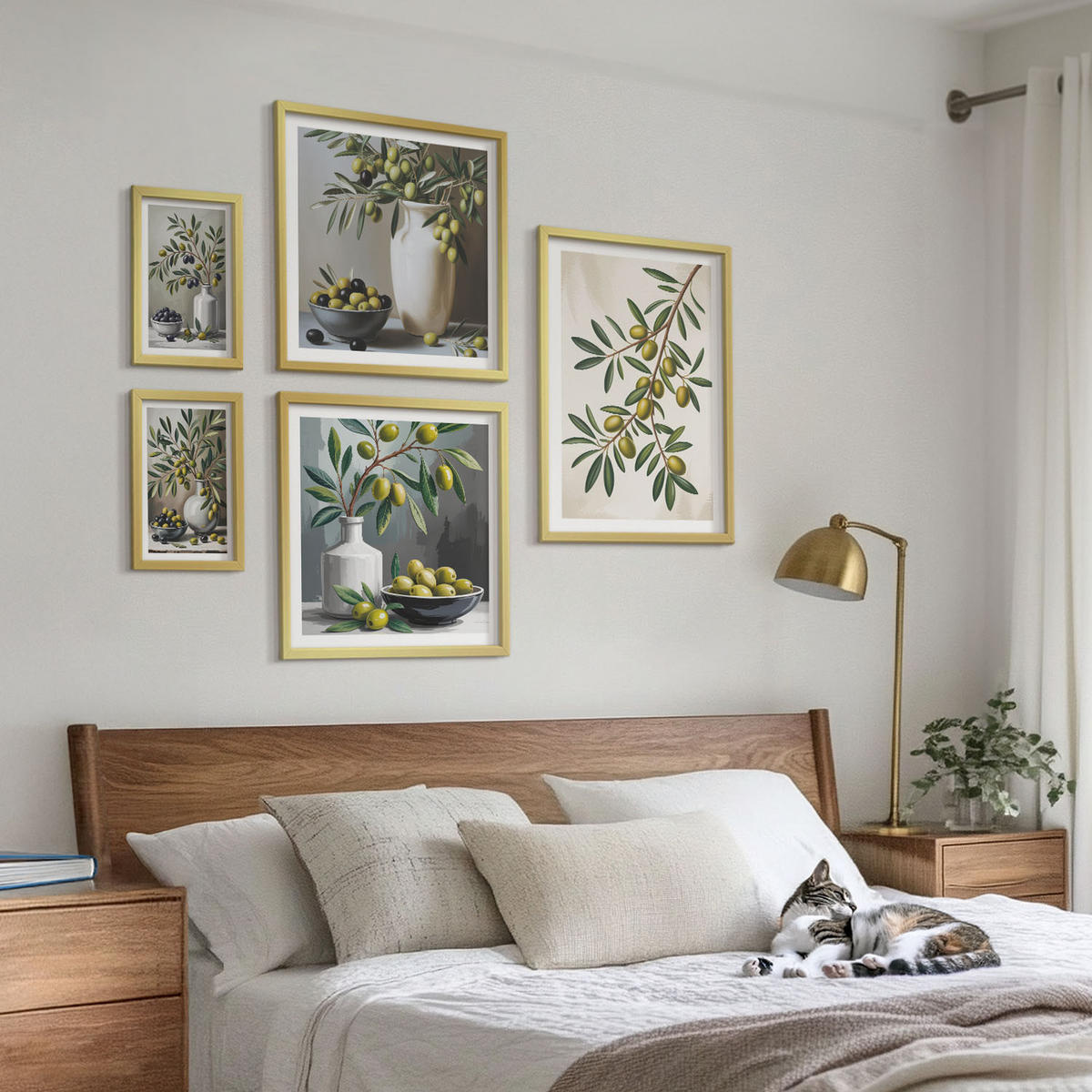 WANDBILDER 5er Set - 50x50 cm & 20x30 cm & 40x60 cm Goldrahmen - Oliven in grauen Vasen - Goldfarben, Kunststoff (40/60cm) - ArtPrintCave