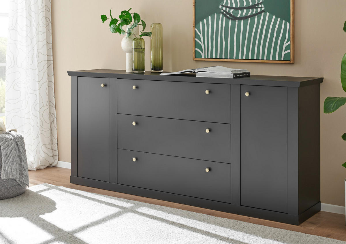 SIDEBOARD schwarz matt, Eiche Landhaus 205 cm, Kommode mit Soft-Close - Eichefarben/Messingfarben, Holzwerkstoff/Metall (205/92/42cm) - Furn.Design
