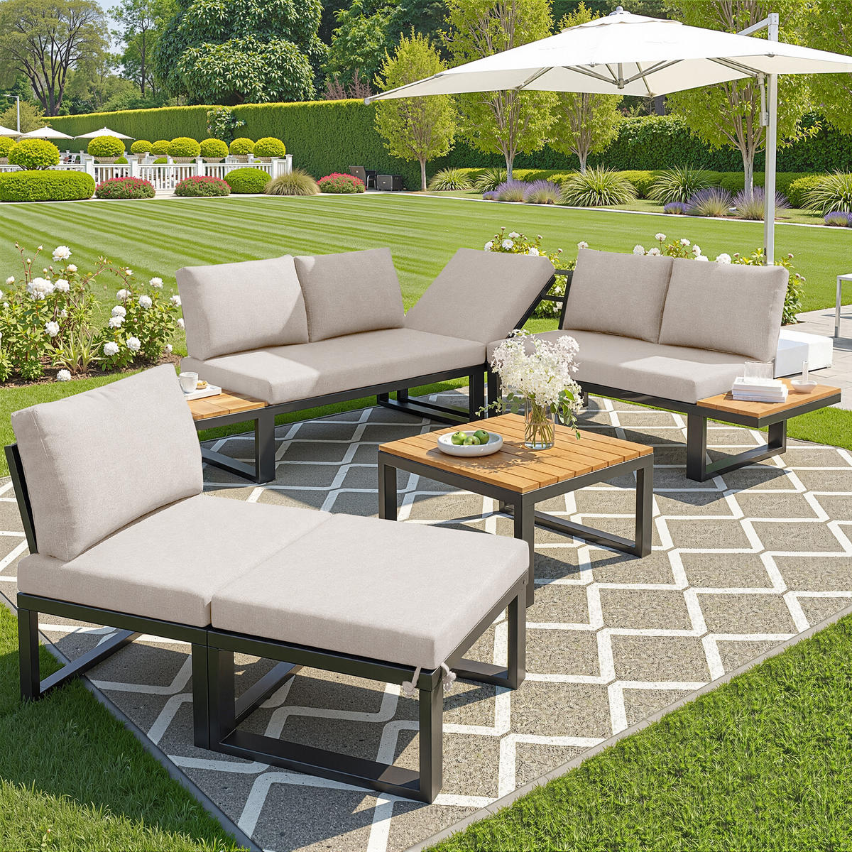 GARTENLOUNGE-SET für 6 Personen 6-teiliges Garten-Essgruppe für Balkon & Terrasse - Beige/Schwarz, Textil/Metall - STILVORA