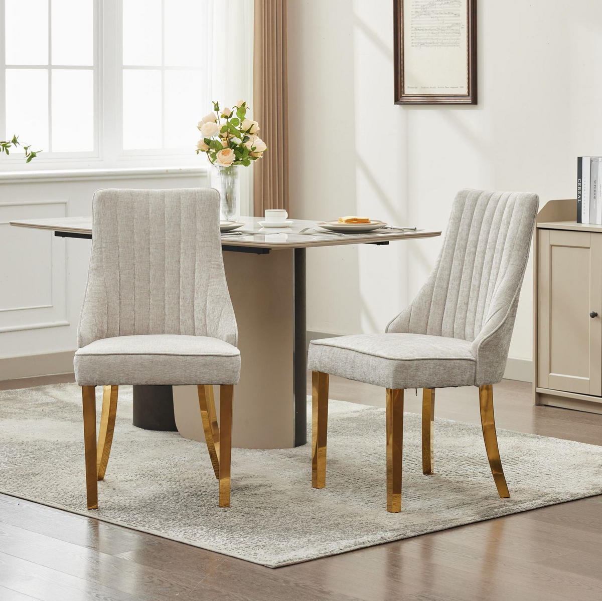 ESSZIMMERSTUHL 2er-Set mit hoher Rückenlehne Chenille Beige - Beige, Metall (50/95/65cm) - Meubliv