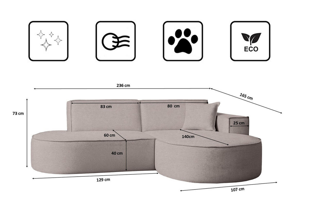 ECKSOFA Modena Studio Stoff Artico, Beige Rechts - Beige, Holz/Textil (236/165cm) - Kaiser Möbel