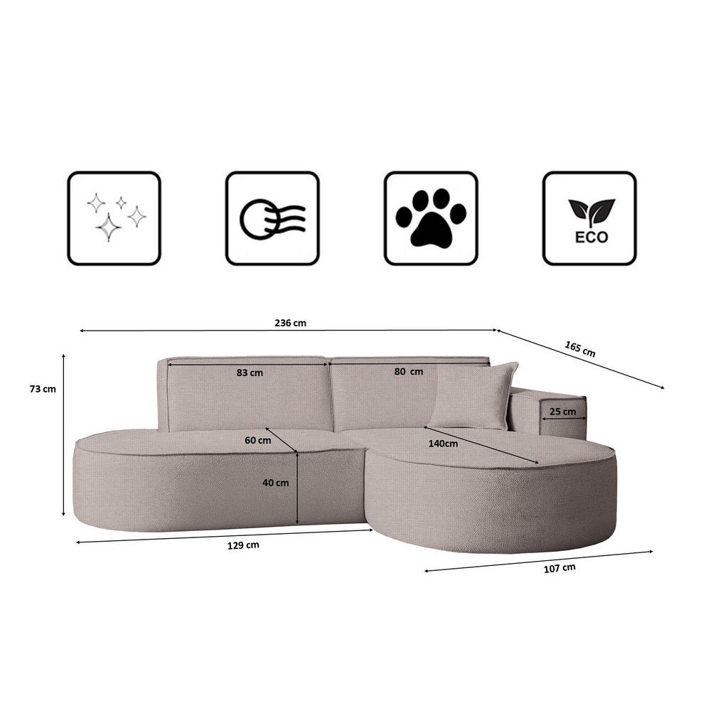 Thumbnail - Kaiser Möbel Ecksofa, Beige, Holz, 3-Sitzer, Ottomane rechts,L-Form, 236x165 cm, Wohnzimmer, Sofas & Couches, Wohnlandsc...
