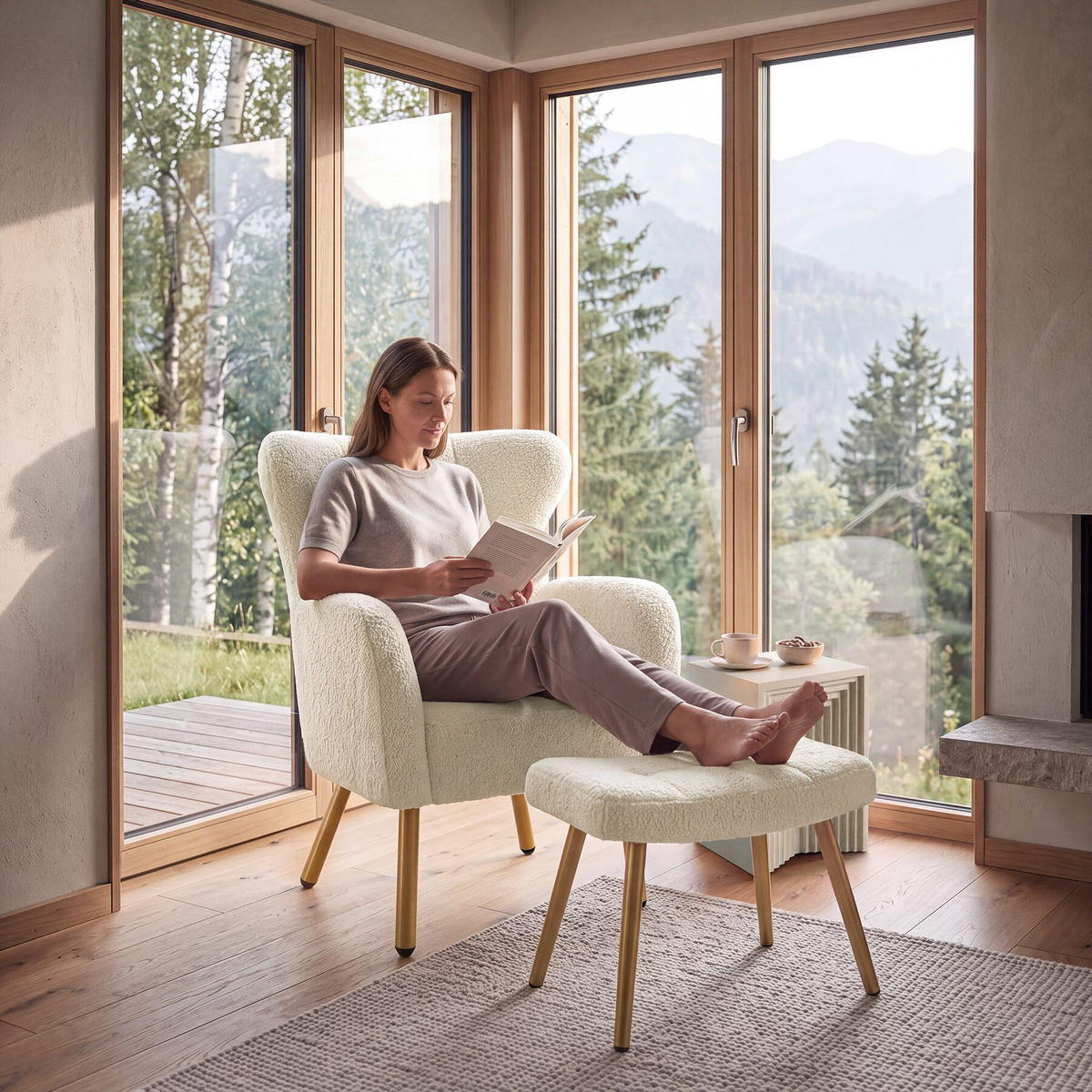 SESSEL MIT HOCKER Vänersborg, Belastbarkeit 120 kg, Bouclé creme/gold - Goldfarben/Creme, Kunststoff (72/92/71cm) - tectake