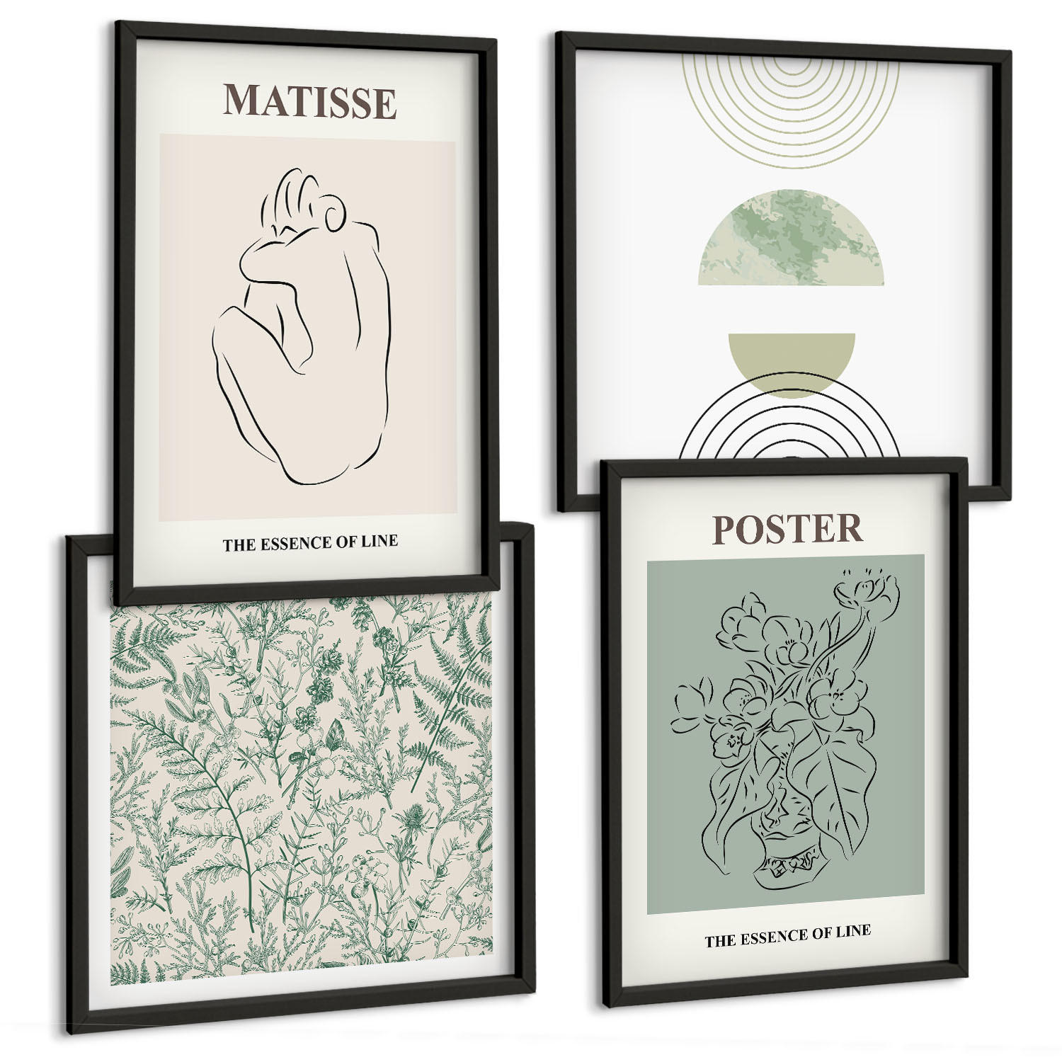 BILDER SET 4er Set - 50x50 cm & 40x60 cm Schwarzer Rahmen - Linien, Pflanzenmuster, Minimalismus - Schwarz, Kunststoff (50/50cm) - TULUP