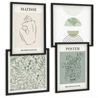 BILDER SET 4er Set - 50x50 cm & 40x60 cm Schwarzer Rahmen - Linien, Pflanzenmuster, Minimalismus - Schwarz, Kunststoff (50/50cm) - TULUP