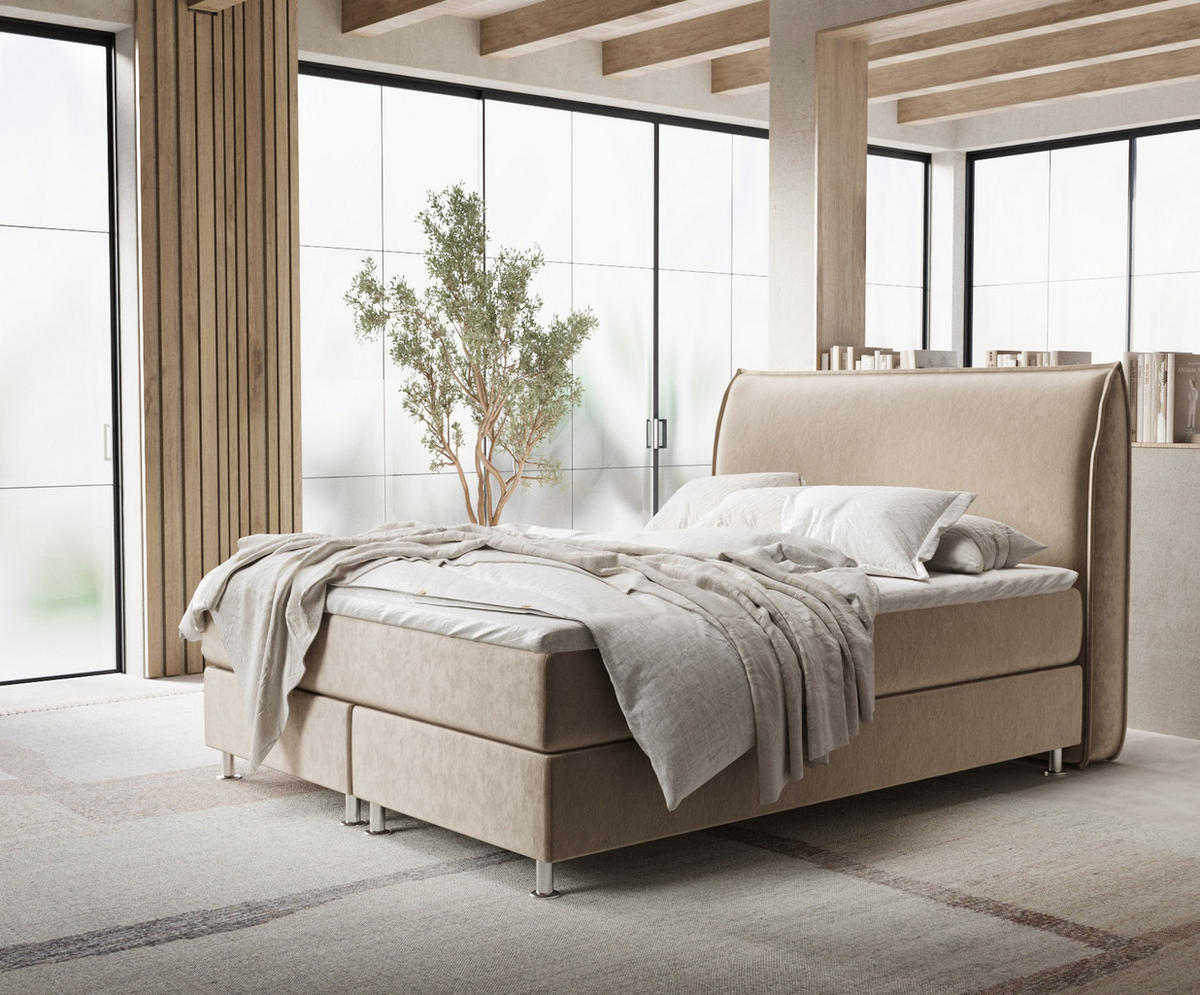 BOXSPRINGBETT Chermin Beige 200/200 cm mit Latex-Topper - Beige/Silberfarben, Holz/Holzwerkstoff (200/200cm) - Maison de Reve