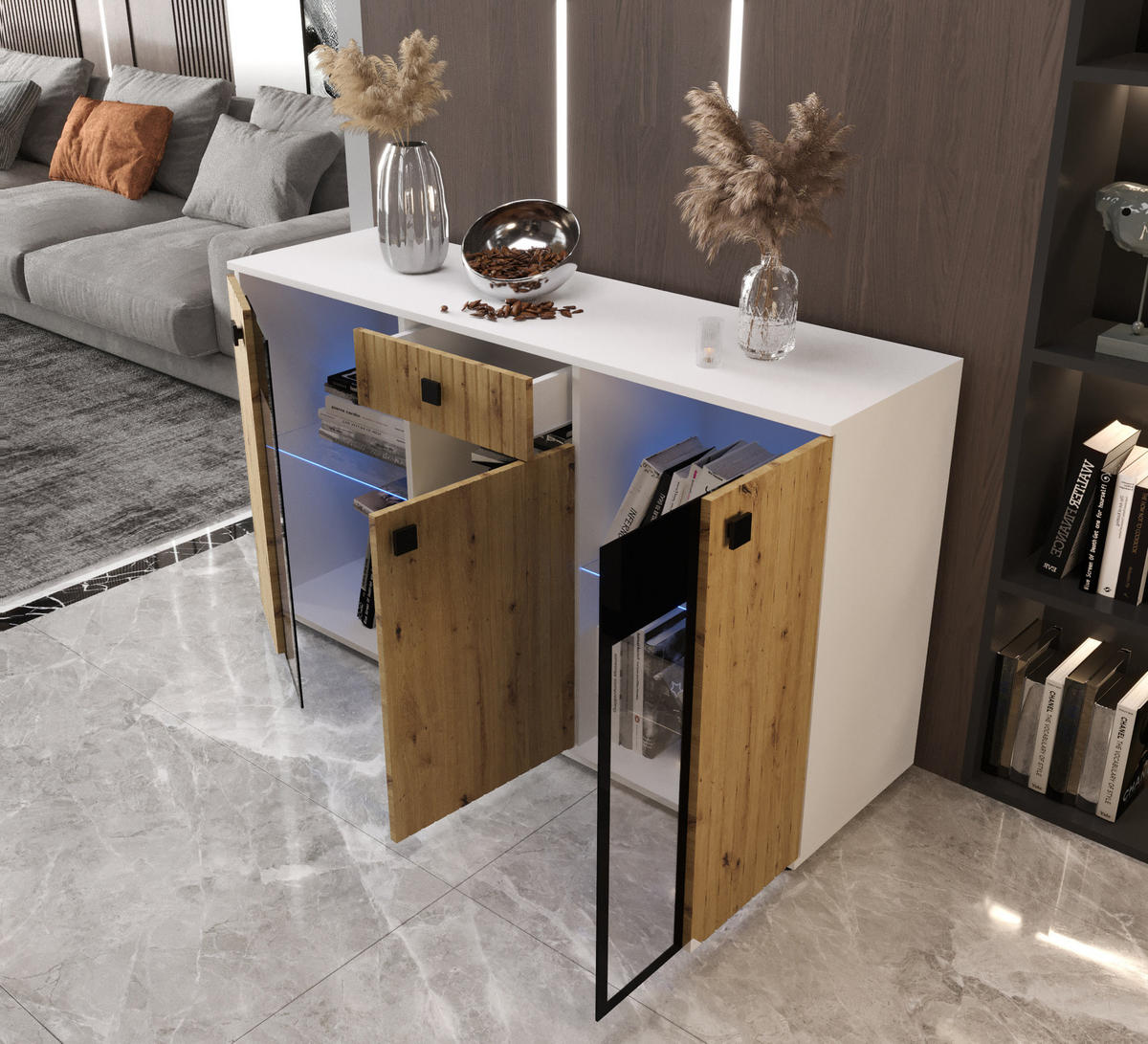KOMMODE London LSMK LAMELE mit 3 Türen, Sideboard in Farbe: Braun|Weiß, Größe: 140 x 80 x 40 cm - Braun/Weiß, Holzwerkstoff (140/80/40cm) - O-Sofa