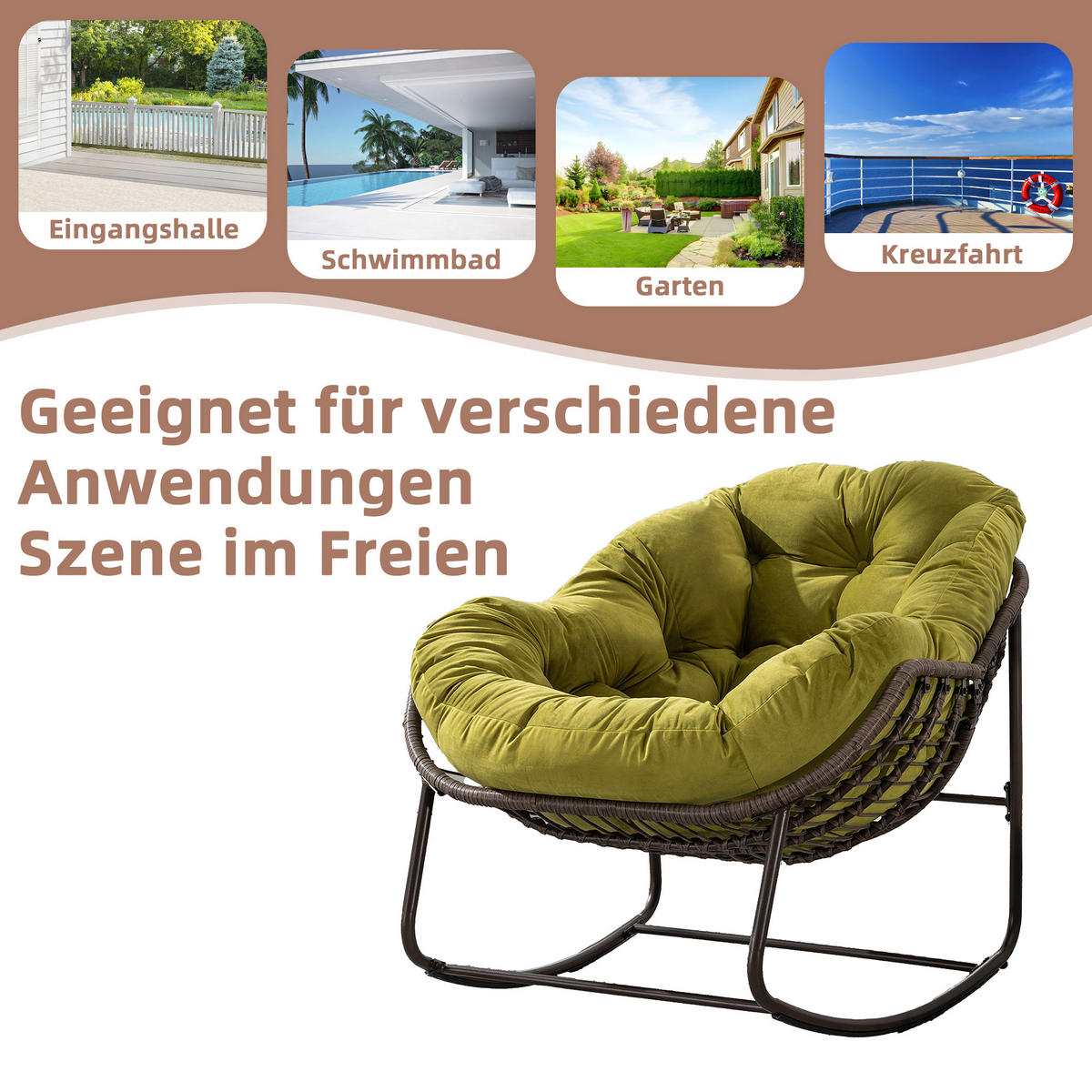 SCHAUKELSTUHL Schaukelsessel Garten,Rattanstuhl mit Stahlrahmen,Olivgrün-Samt - Olivgrün, Metall (94.5/80/111cm) - LVHOM