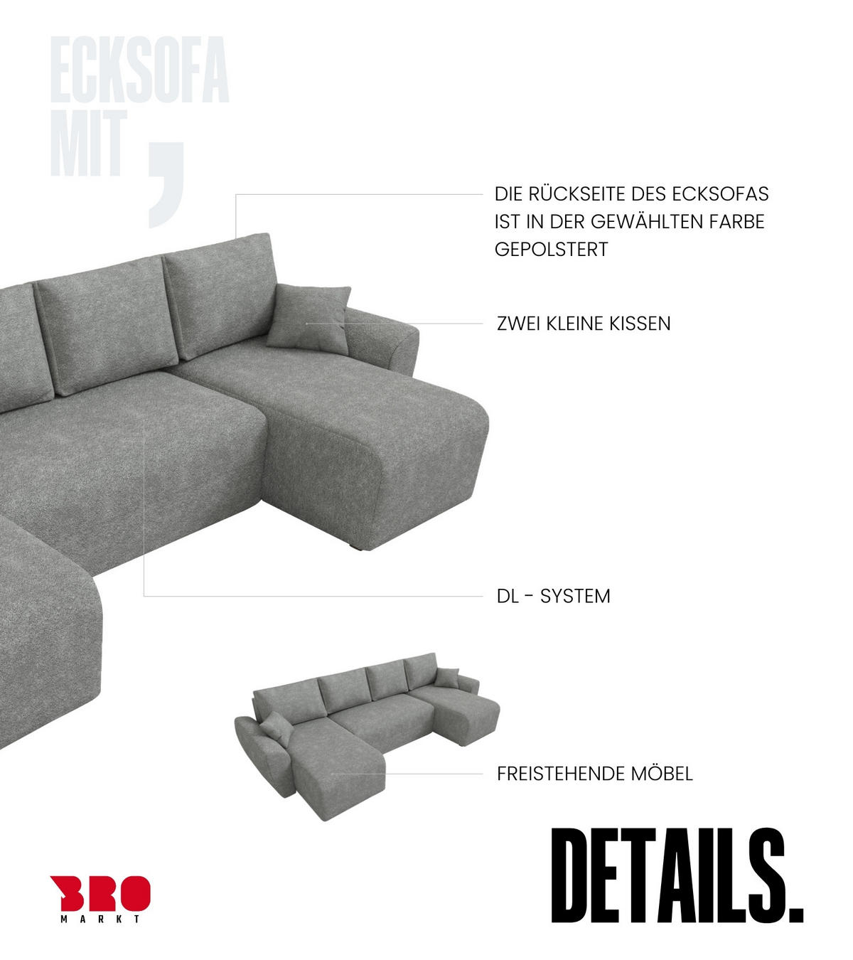 WOHLANDSCHAFT Rotterdam U mit Schlaffunktion Grau Bouclé - Grau, Textil (310/80/141cm) - Bromarkt