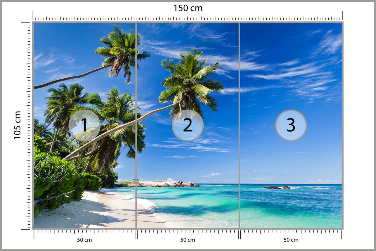 FOTOTAPETE Strand Ozean Palmen Landschaft 3D 150x105 - Türkis/Blau, Papier (150/105cm) - Muralo